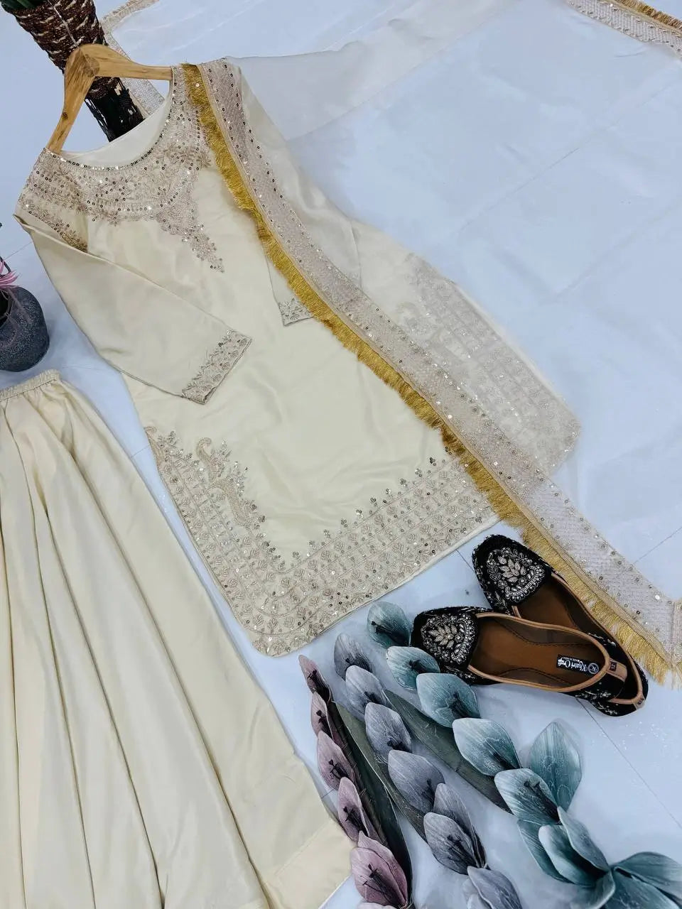 Embroidered French Crepe Palazzo Suit with Organza Dupatta