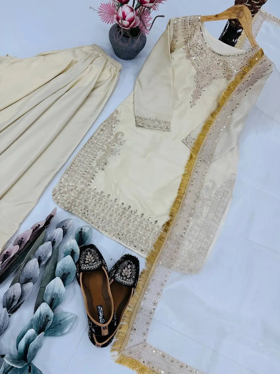 Embroidered French Crepe Palazzo Suit with Organza Dupatta