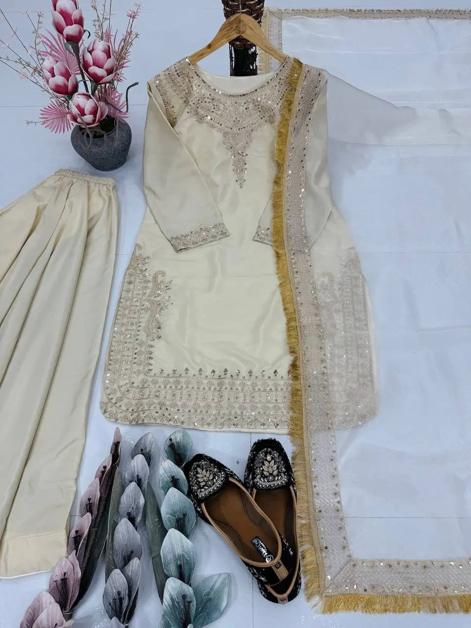 Embroidered French Crepe Palazzo Suit with Organza Dupatta
