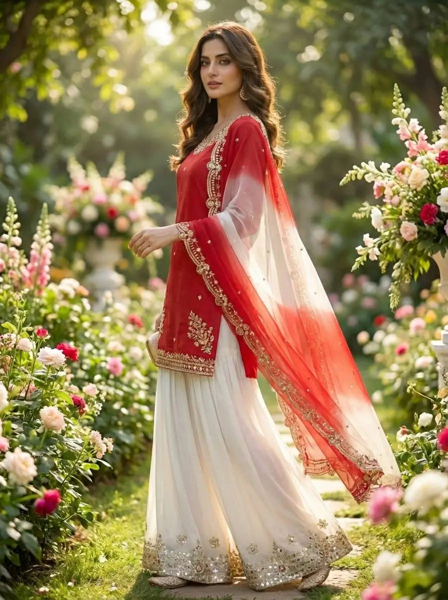 Embroidered French Crepe Top Palazzo Set with Organza Dupatta