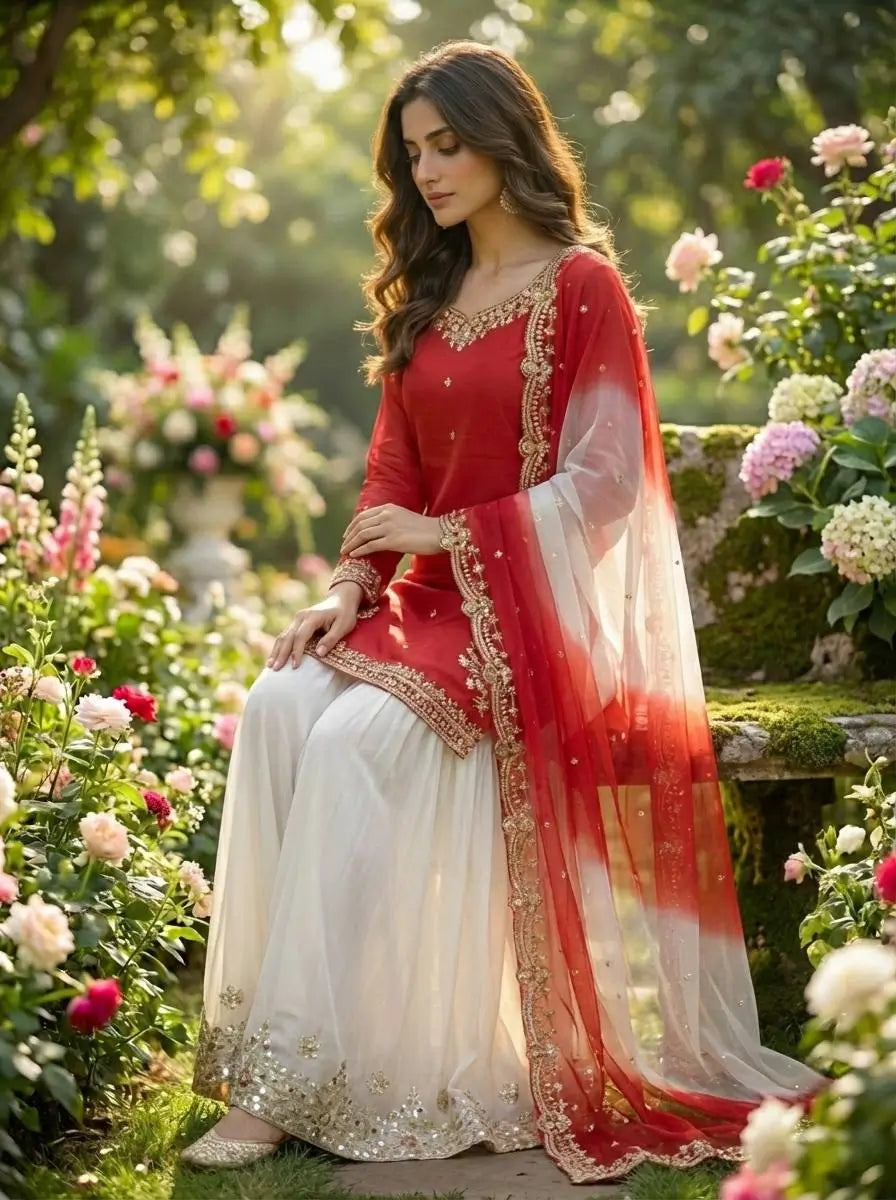 Embroidered French Crepe Top Palazzo Set with Organza Dupatta