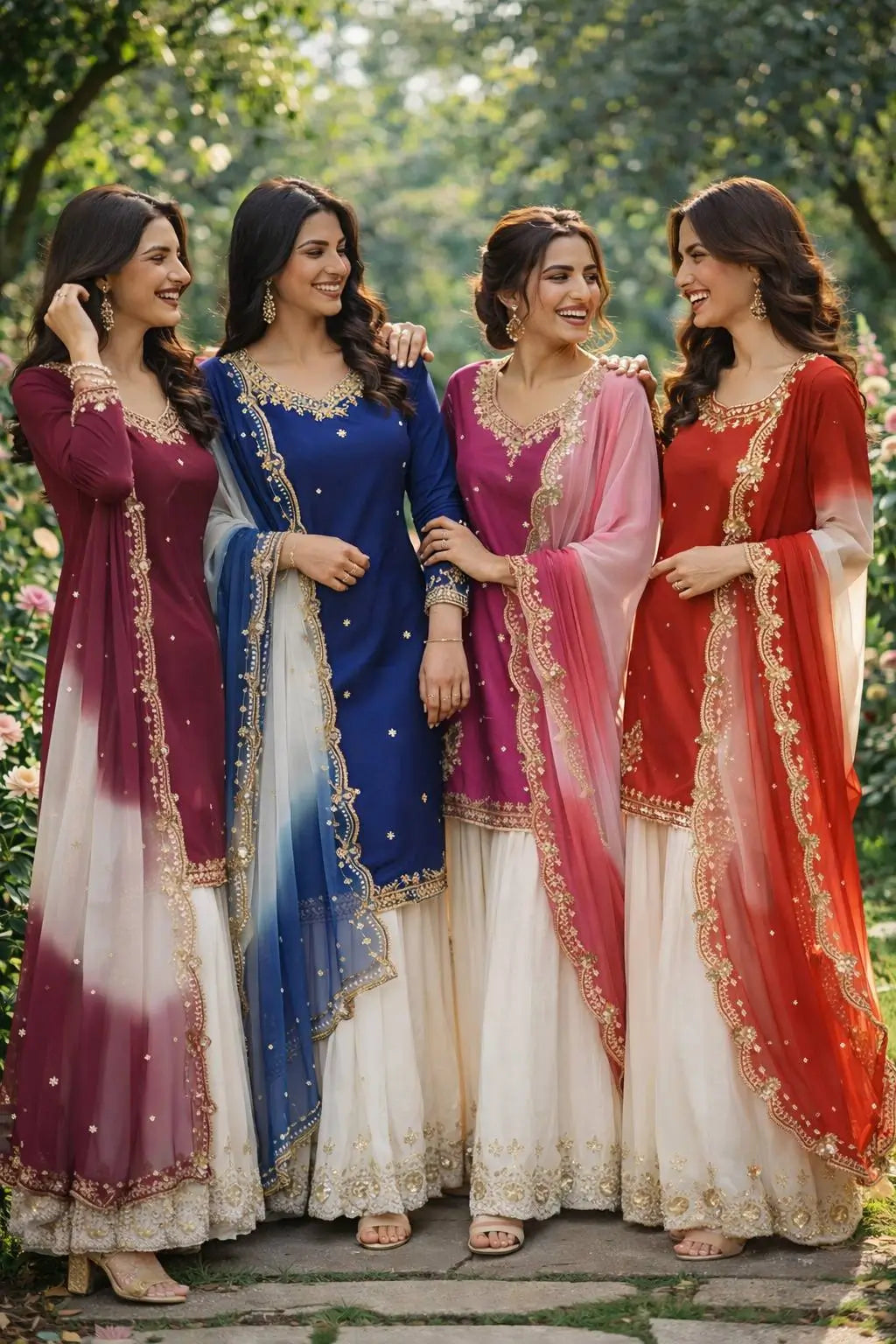 Embroidered French Crepe Top Palazzo Set with Organza Dupatta