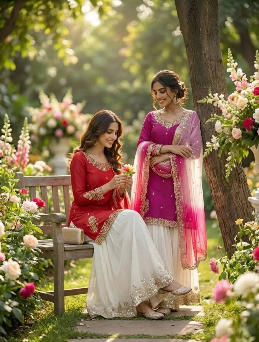 Embroidered French Crepe Top Palazzo Set with Organza Dupatta