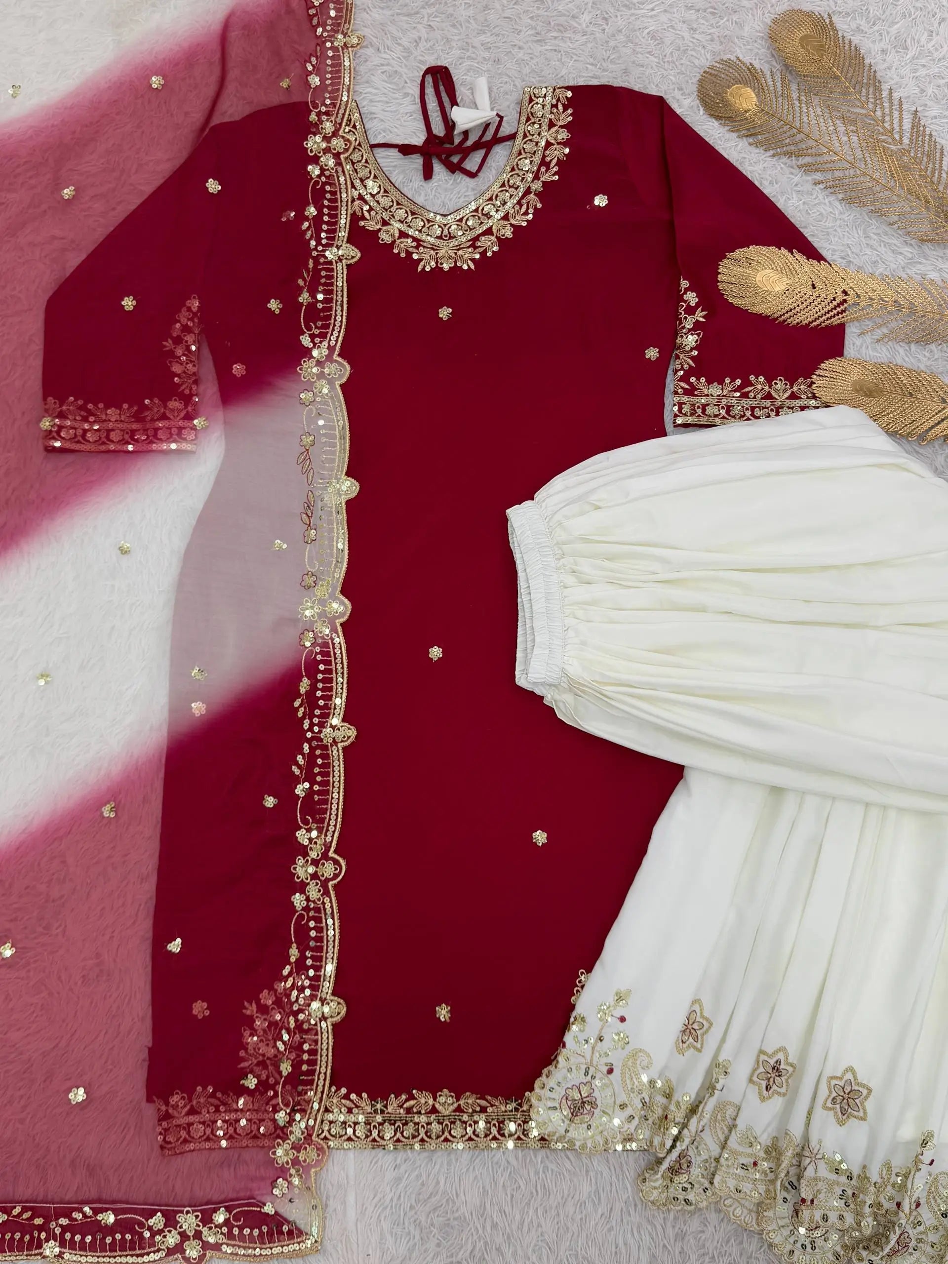 Embroidered French Crepe Top Palazzo Set with Organza Dupatta