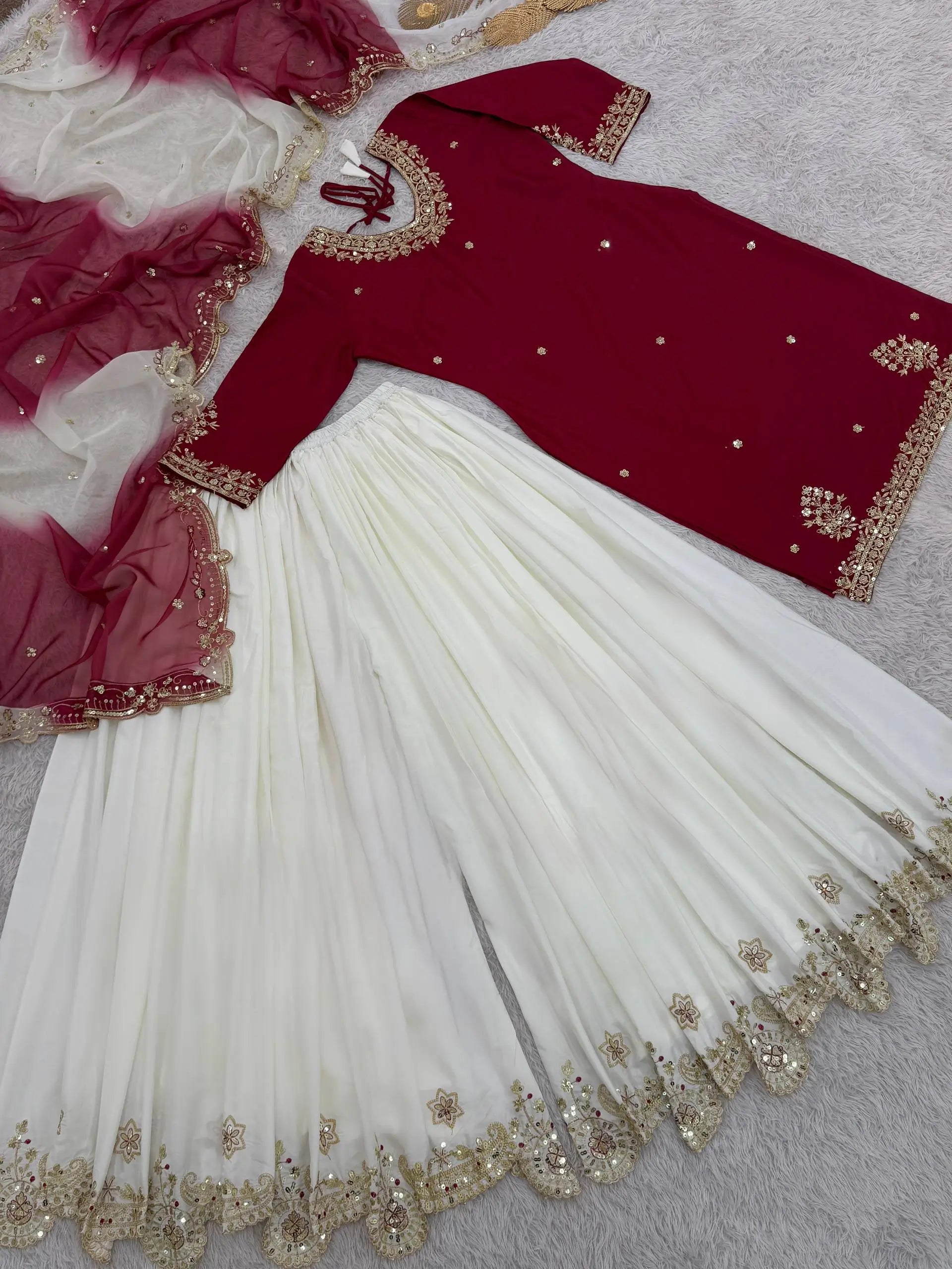 Embroidered French Crepe Top Palazzo Set with Organza Dupatta