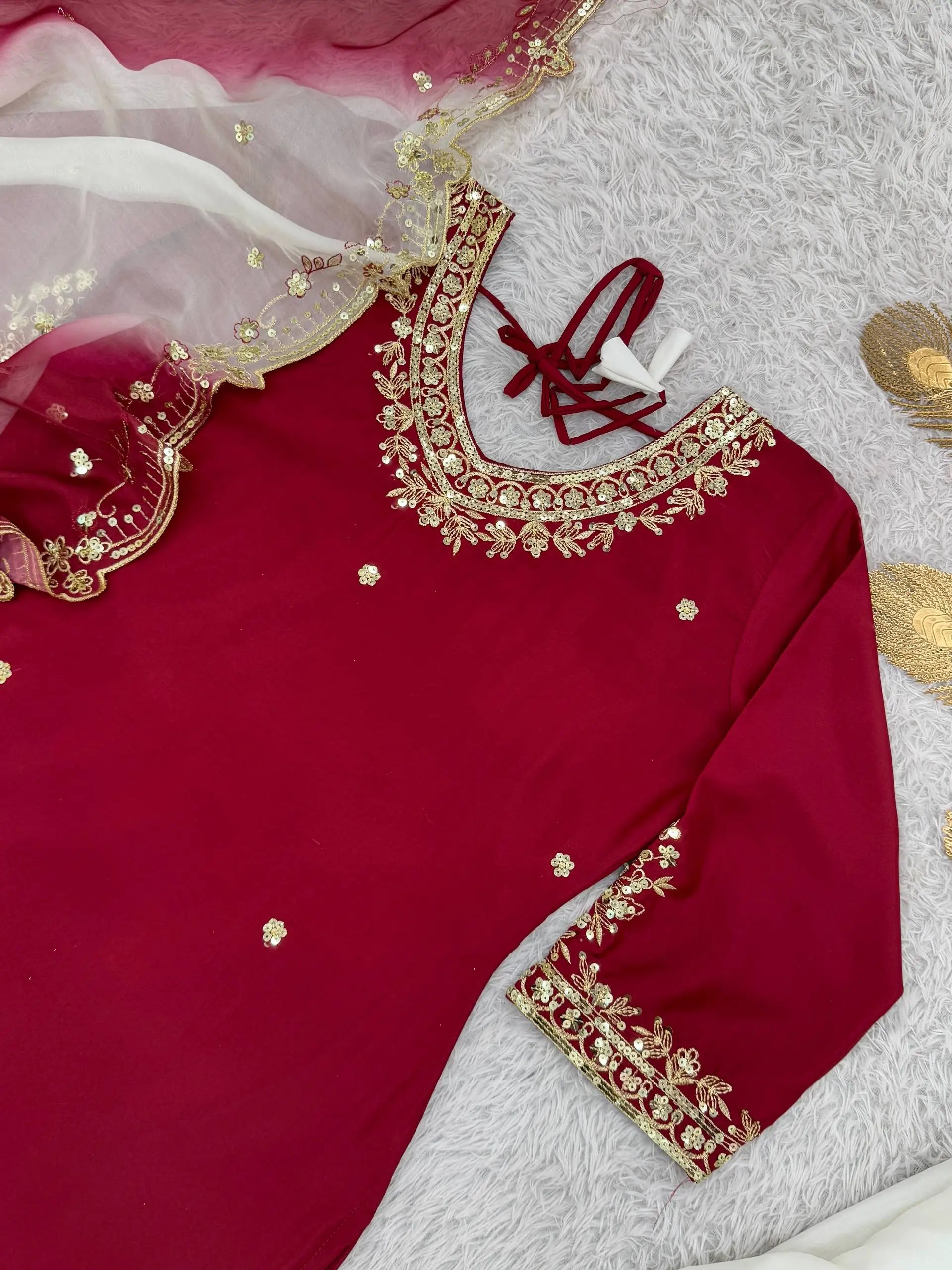 Embroidered French Crepe Top Palazzo Set with Organza Dupatta