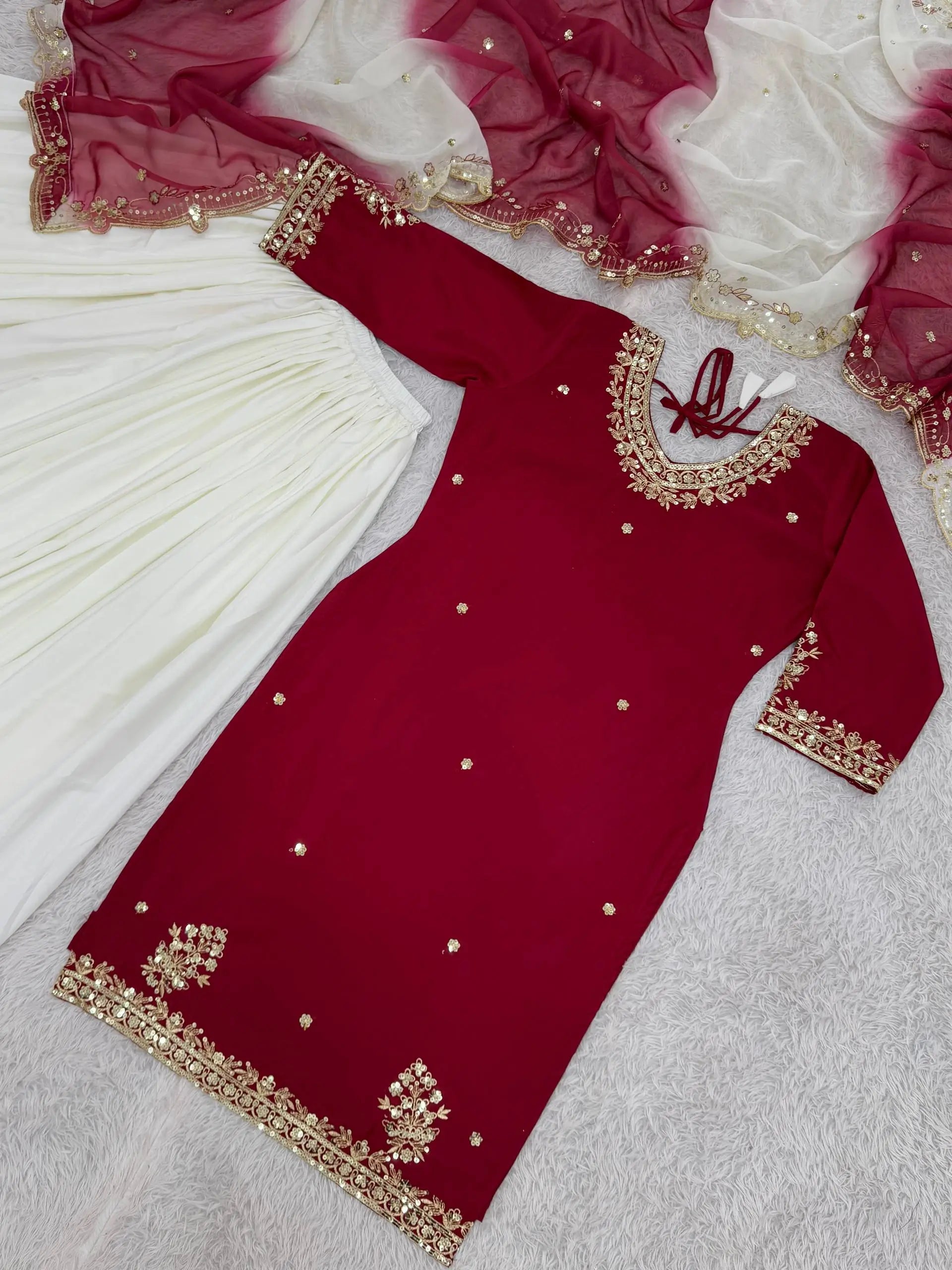 Embroidered French Crepe Top Palazzo Set with Organza Dupatta