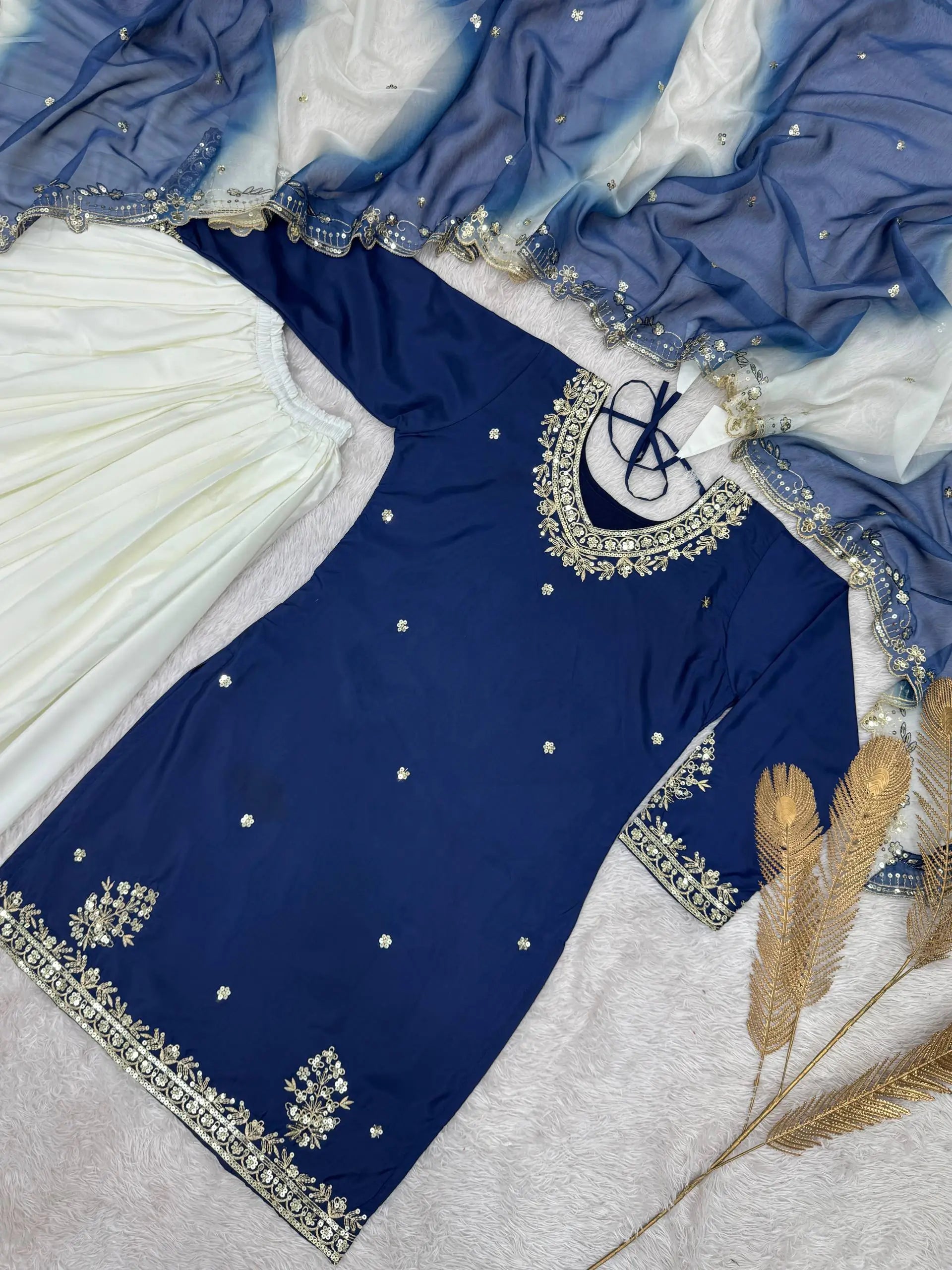 Embroidered French Crepe Top Palazzo Set with Organza Dupatta