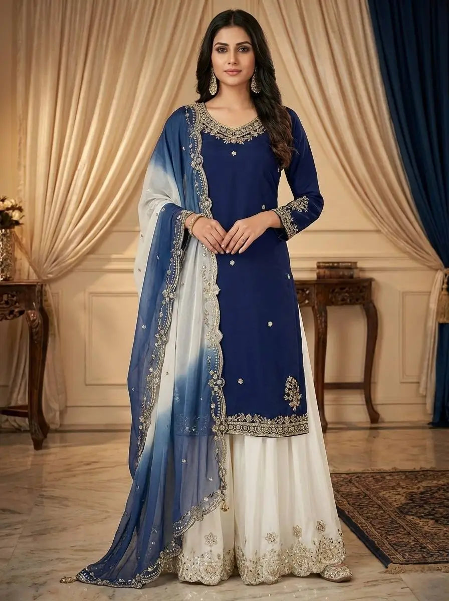 Embroidered French Crepe Top Palazzo Set with Organza Dupatta