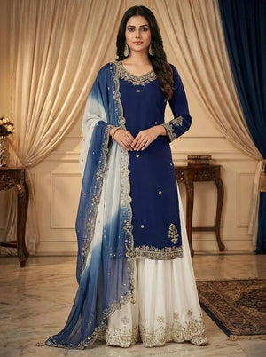 Embroidered French Crepe Top Palazzo Set with Organza Dupatta