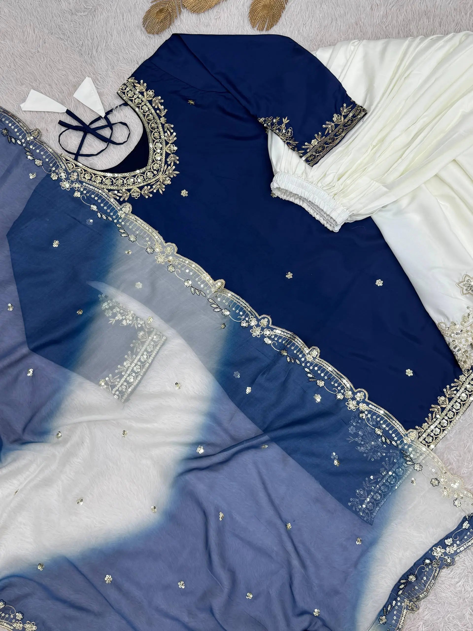 Embroidered French Crepe Top Palazzo Set with Organza Dupatta