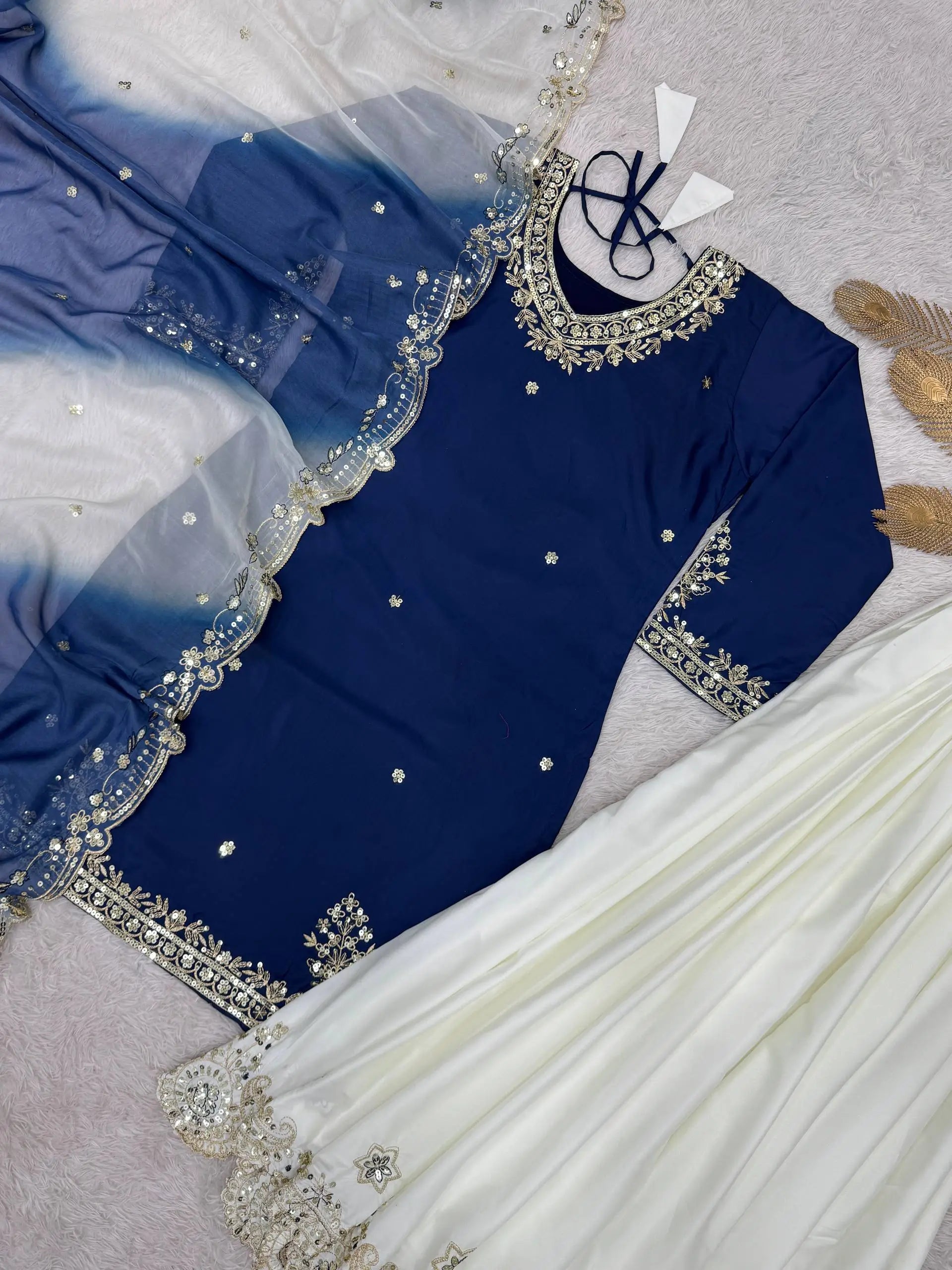 Embroidered French Crepe Top Palazzo Set with Organza Dupatta