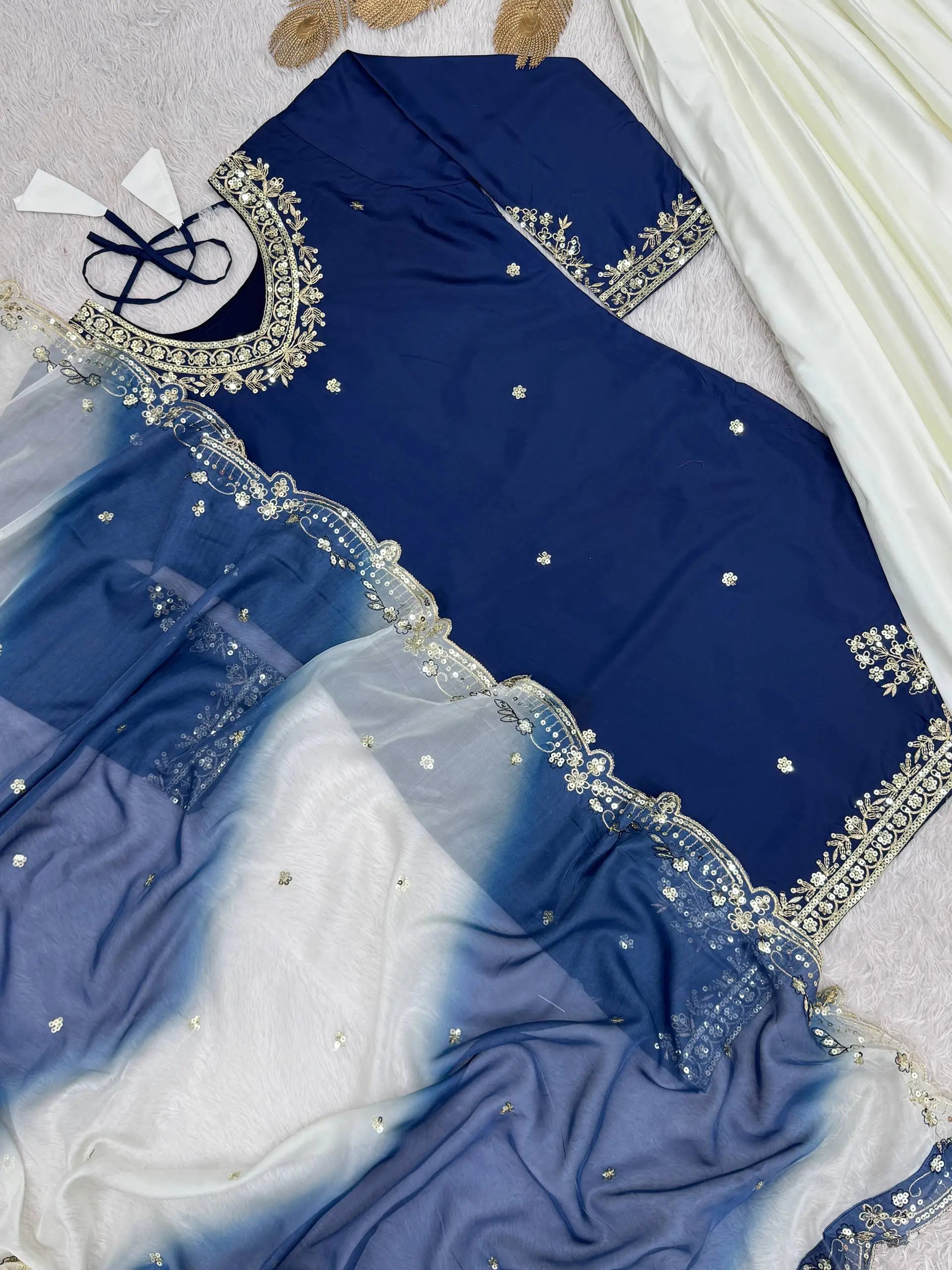 Embroidered French Crepe Top Palazzo Set with Organza Dupatta
