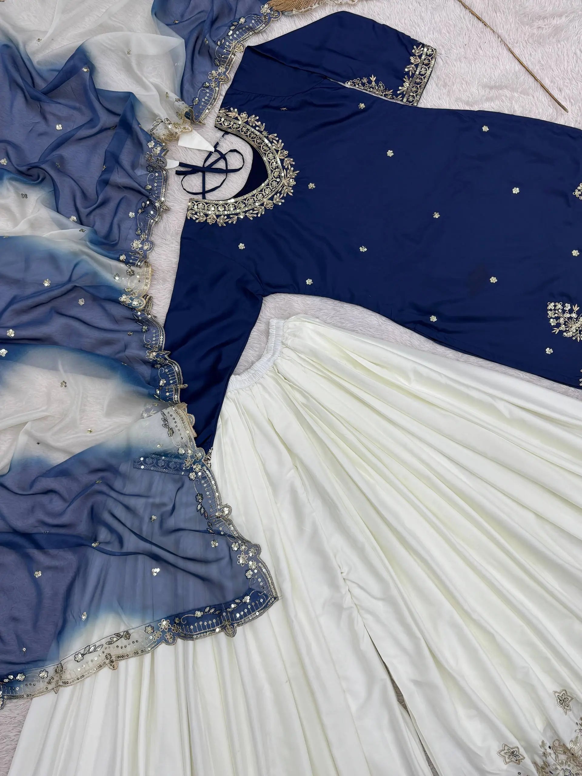 Embroidered French Crepe Top Palazzo Set with Organza Dupatta