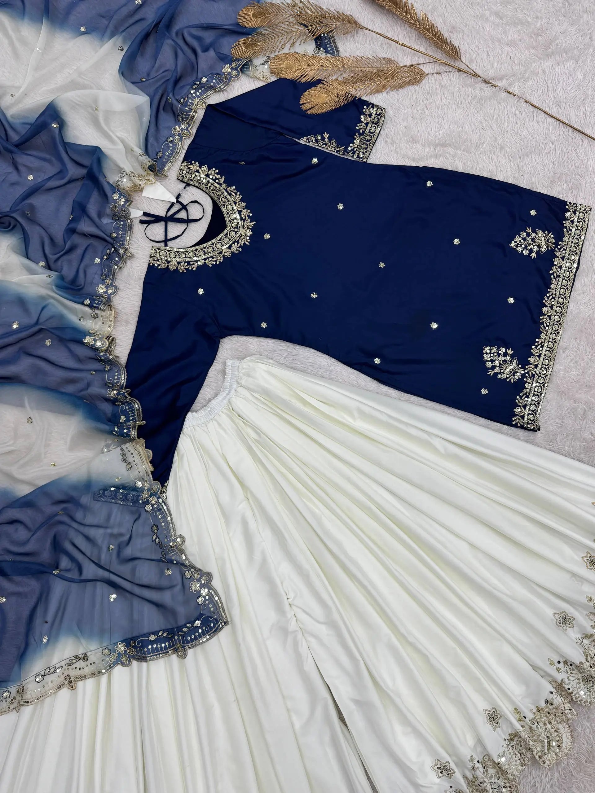 Embroidered French Crepe Top Palazzo Set with Organza Dupatta