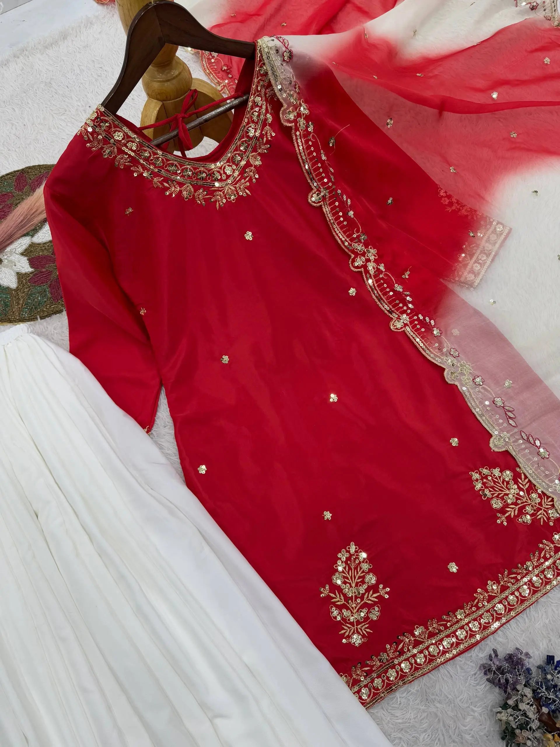 Embroidered French Crepe Top Palazzo Set with Organza Dupatta