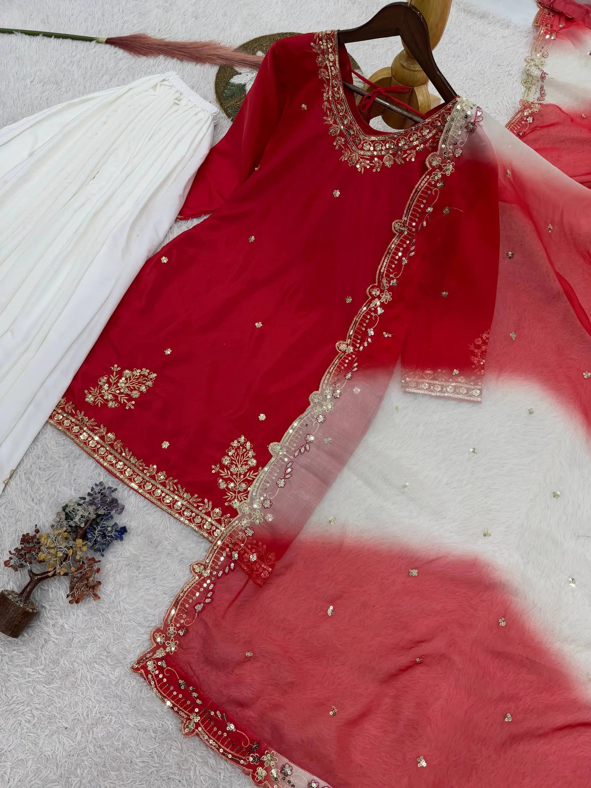 Embroidered French Crepe Top Palazzo Set with Organza Dupatta
