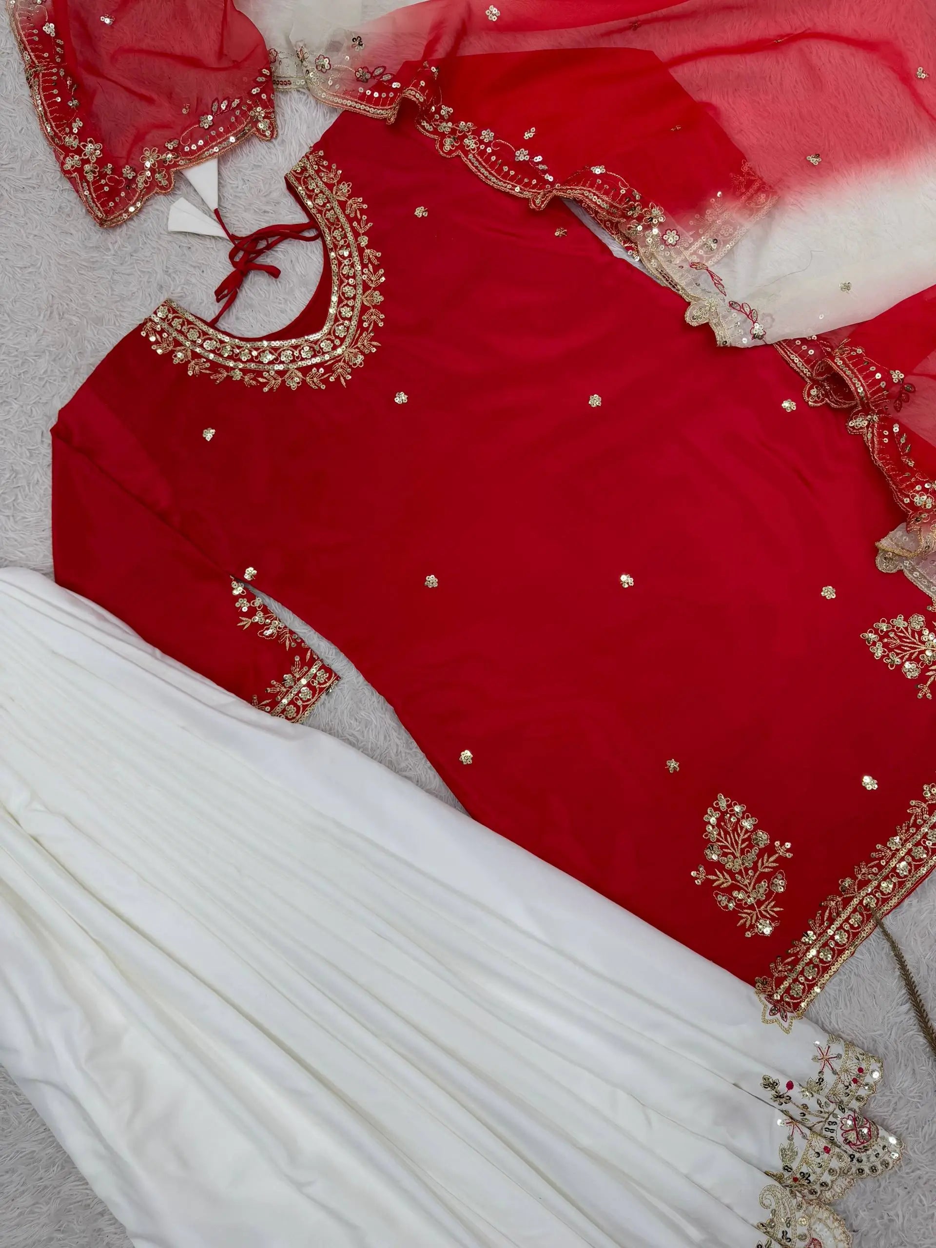 Embroidered French Crepe Top Palazzo Set with Organza Dupatta
