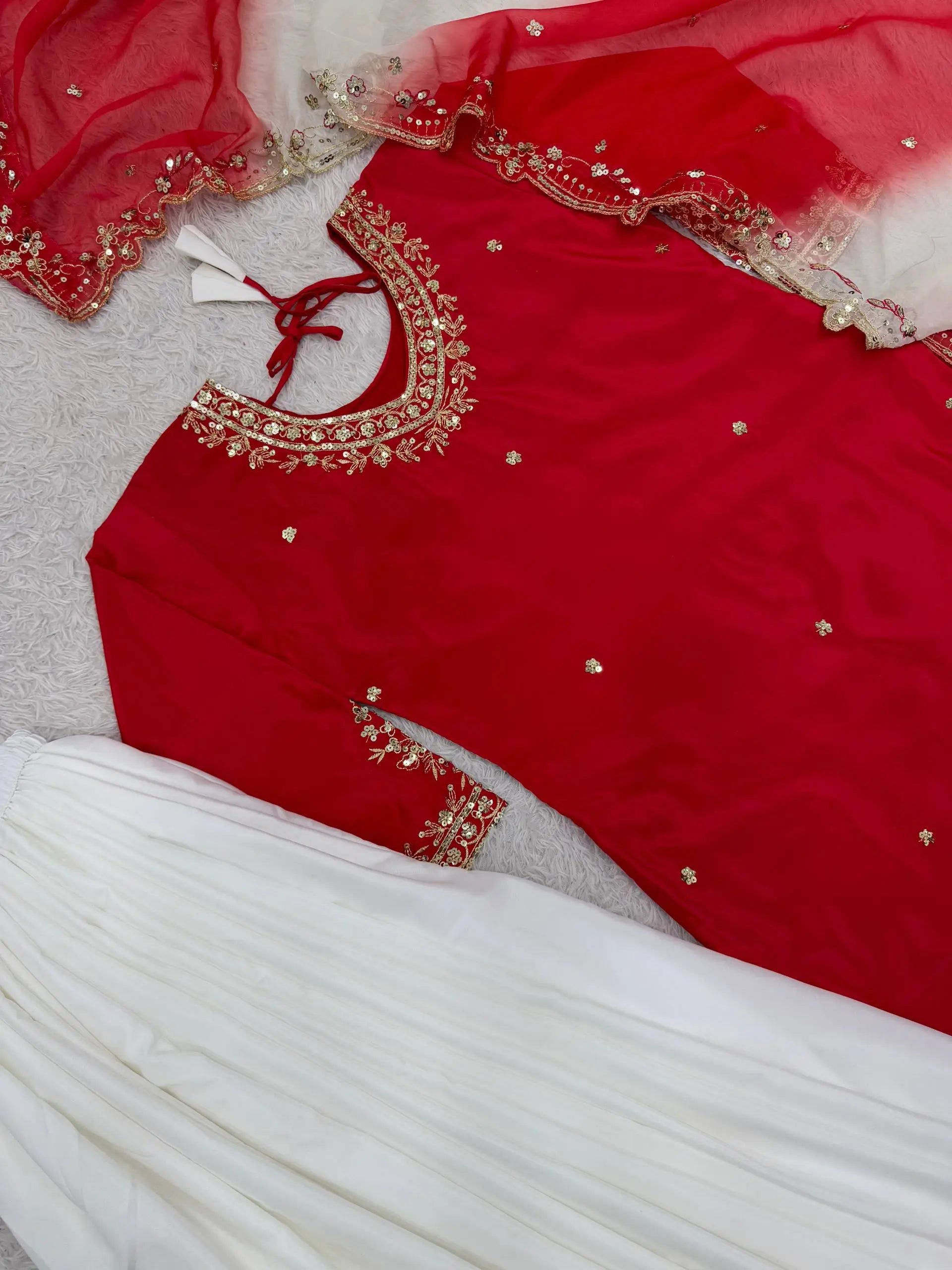 Embroidered French Crepe Top Palazzo Set with Organza Dupatta