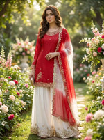 Embroidered French Crepe Top Palazzo Set with Organza Dupatta