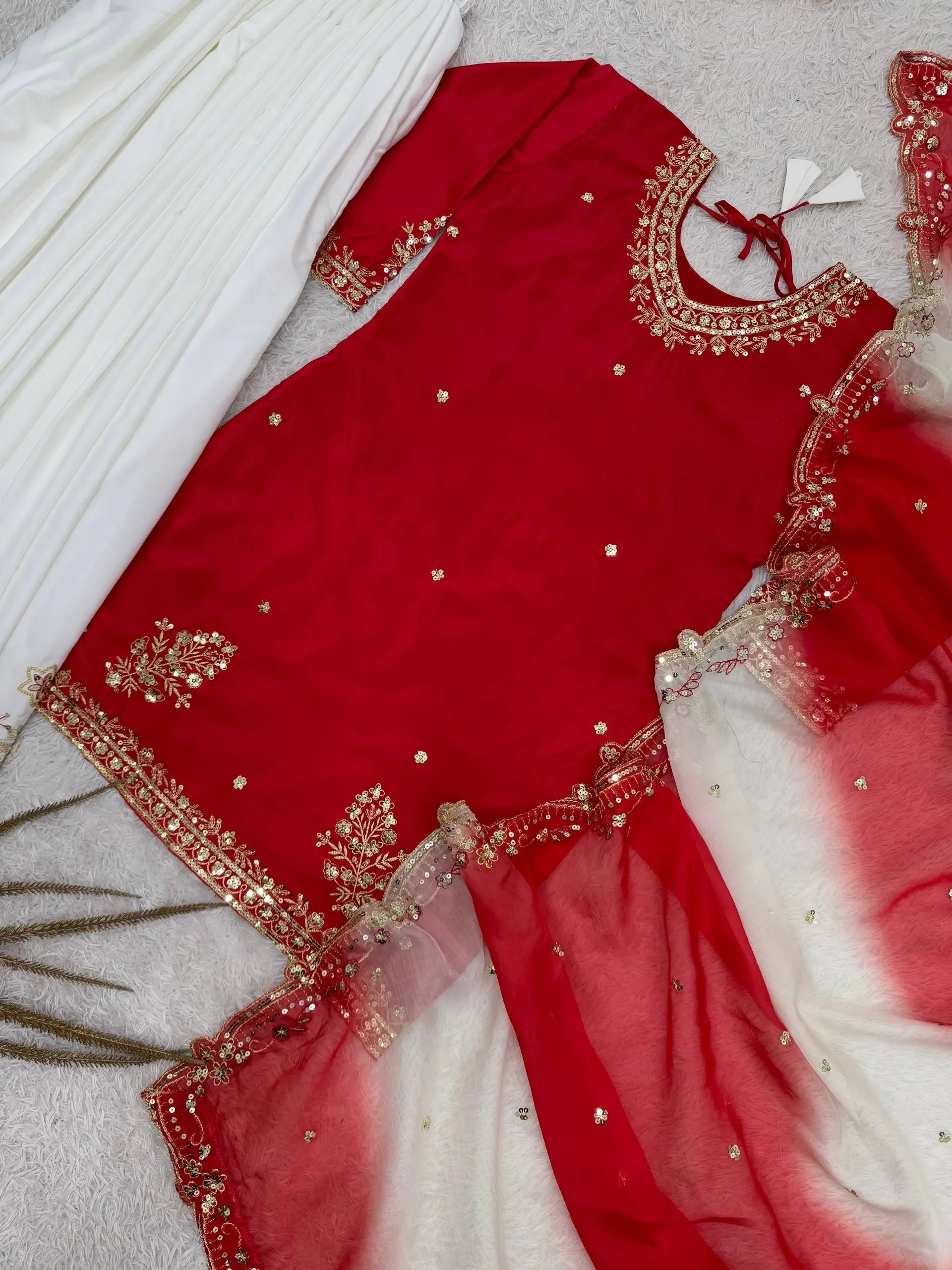 Embroidered French Crepe Top Palazzo Set with Organza Dupatta