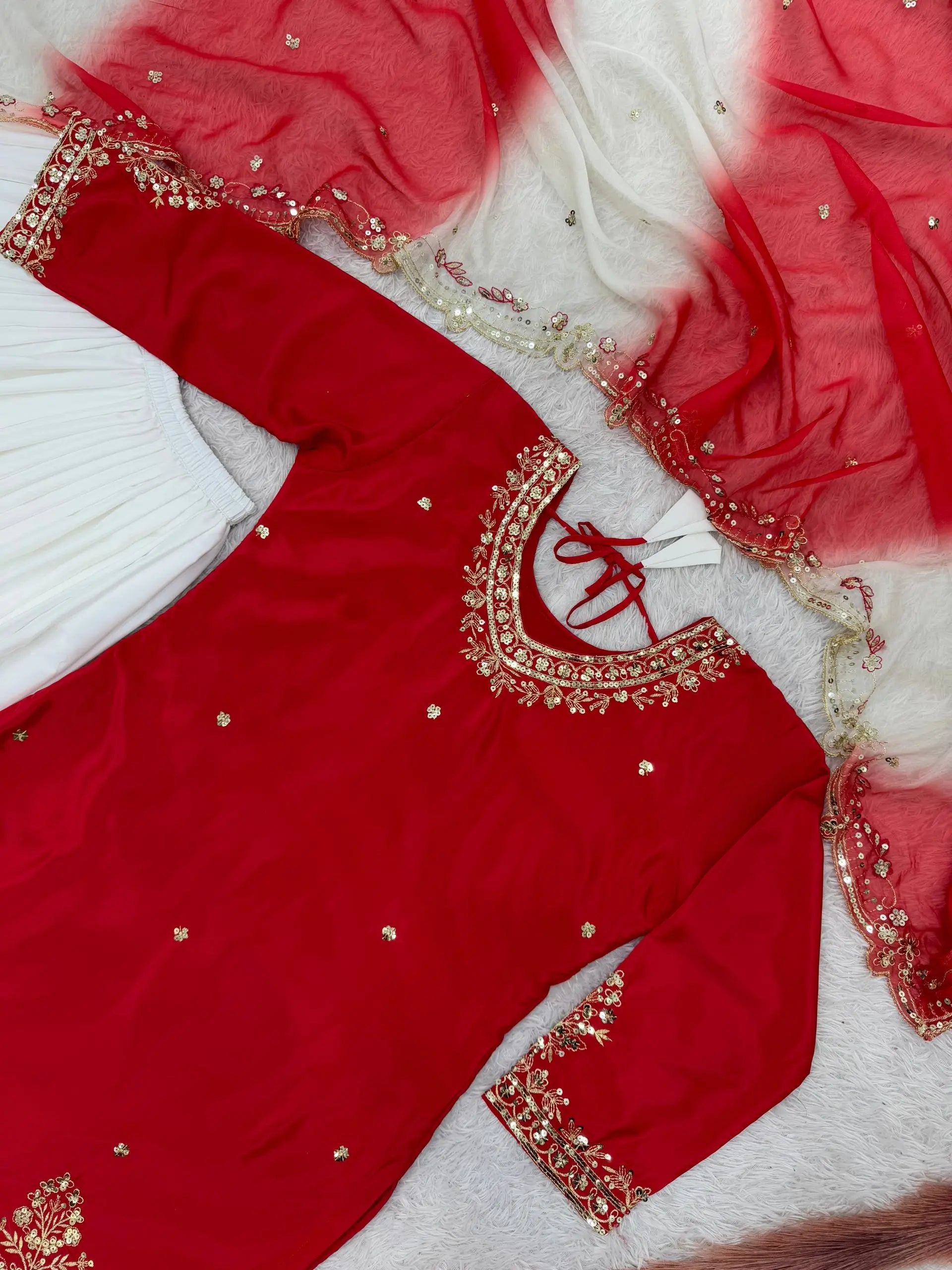 Embroidered French Crepe Top Palazzo Set with Organza Dupatta