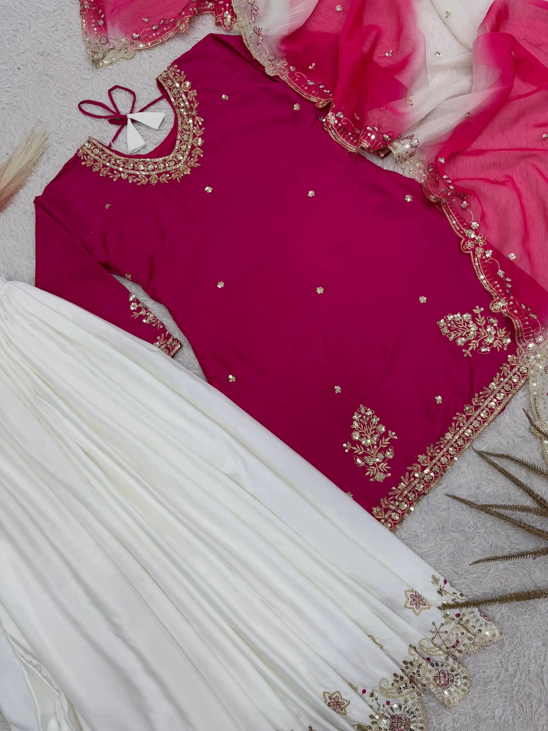 Embroidered French Crepe Top Palazzo Set with Organza Dupatta