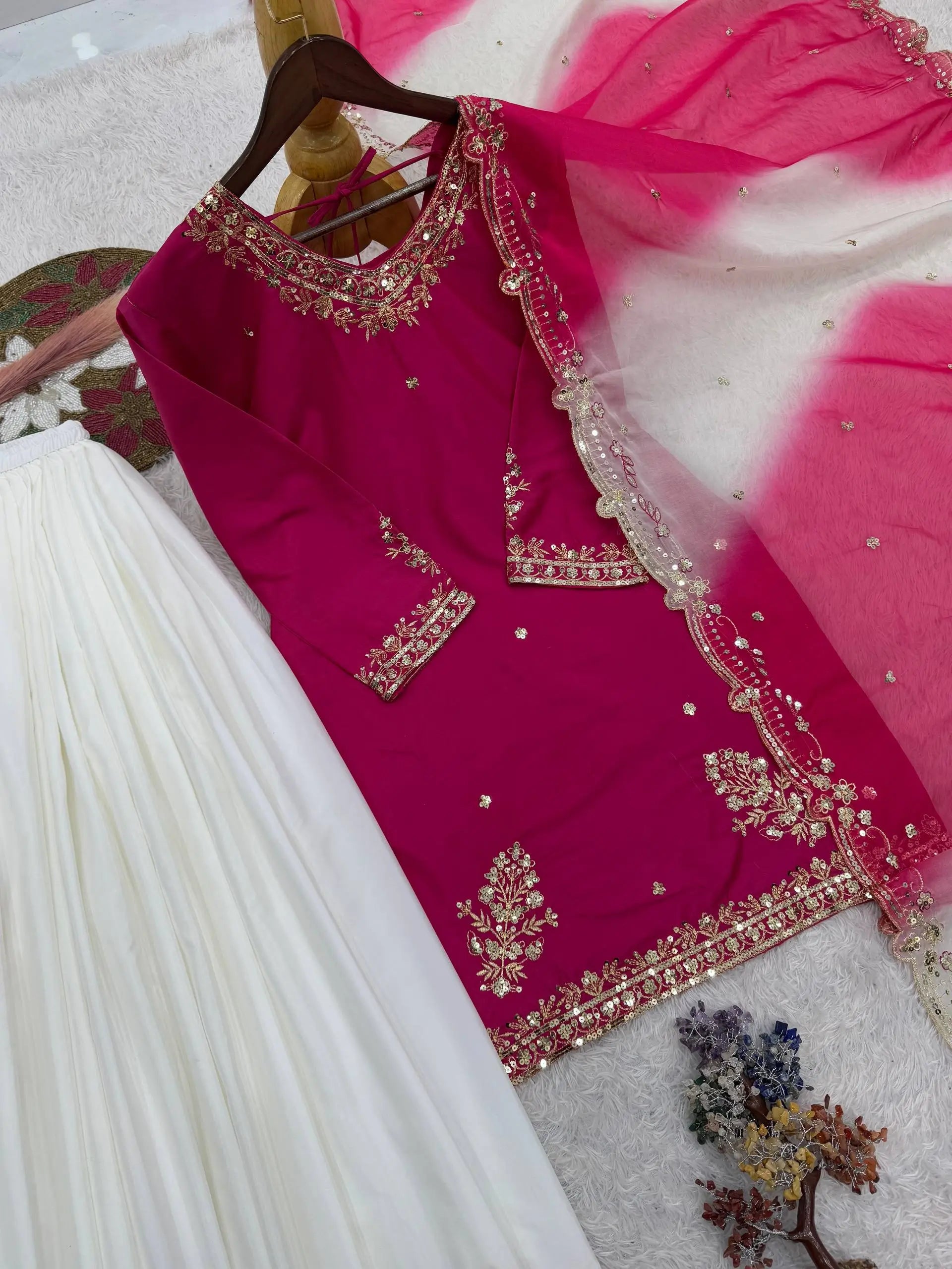Embroidered French Crepe Top Palazzo Set with Organza Dupatta