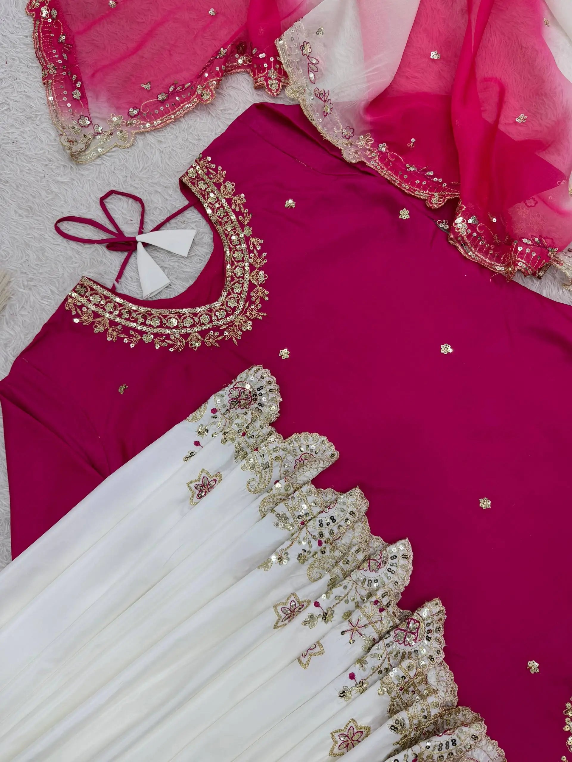 Embroidered French Crepe Top Palazzo Set with Organza Dupatta