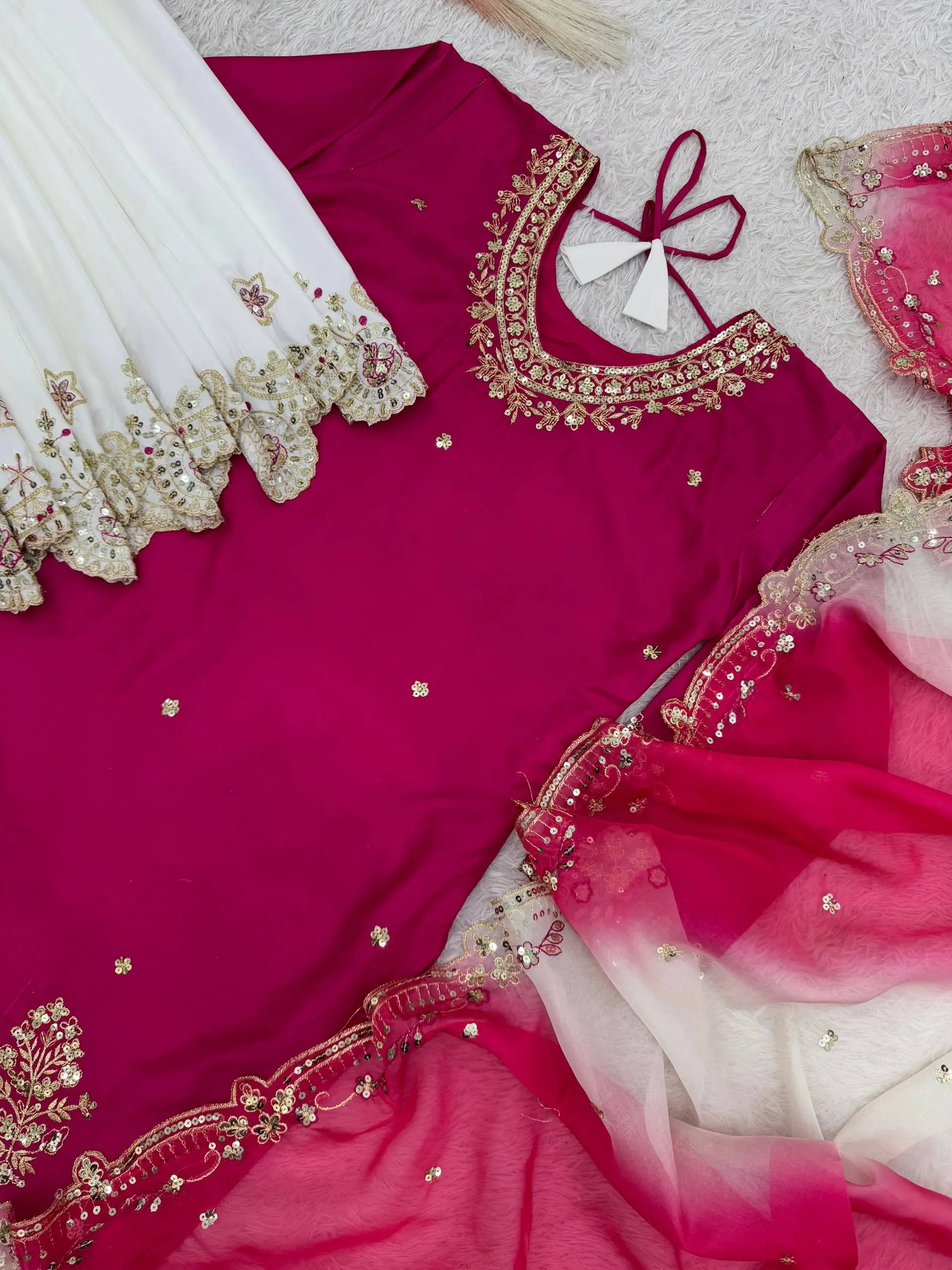 Embroidered French Crepe Top Palazzo Set with Organza Dupatta