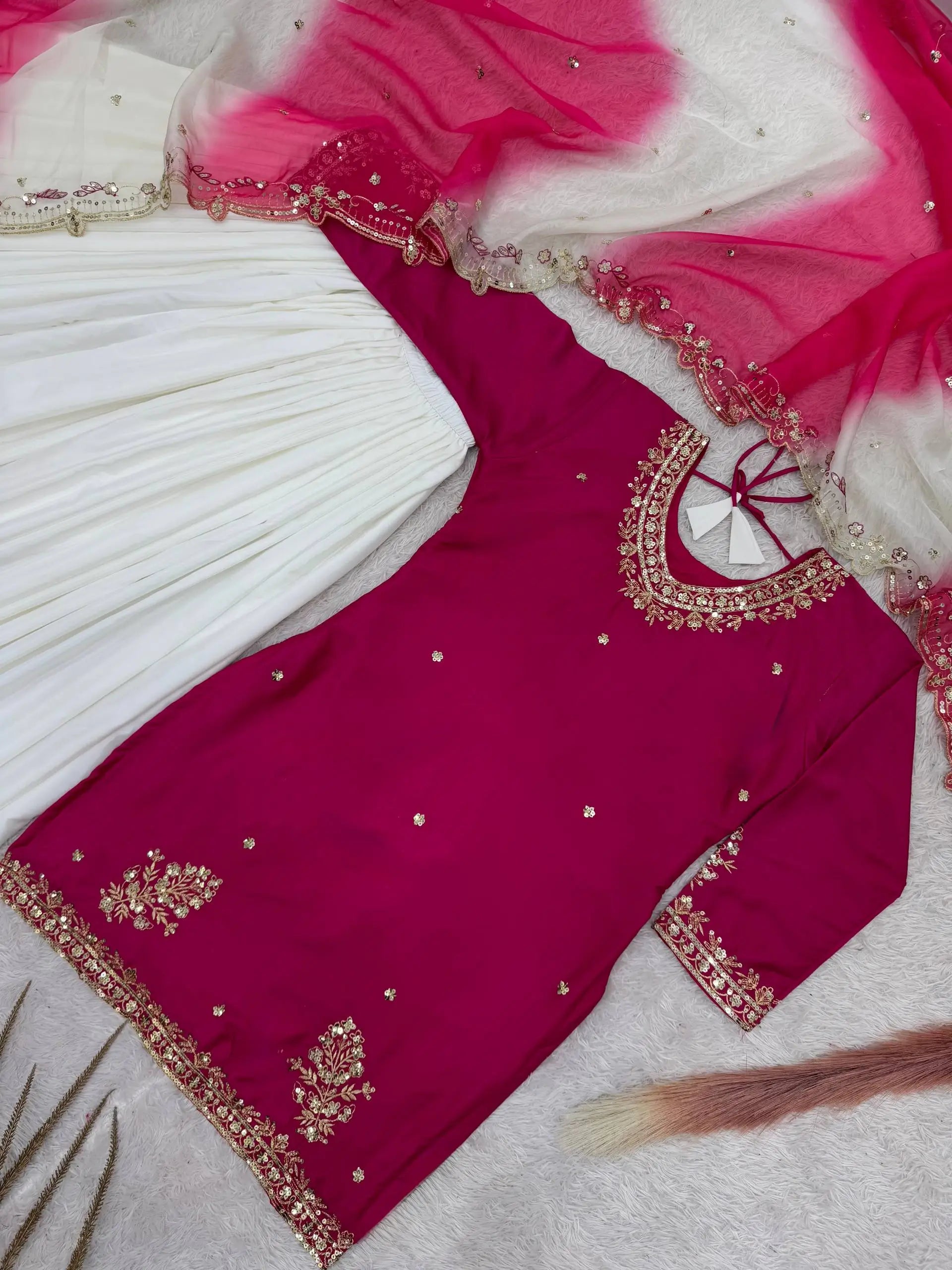 Embroidered French Crepe Top Palazzo Set with Organza Dupatta