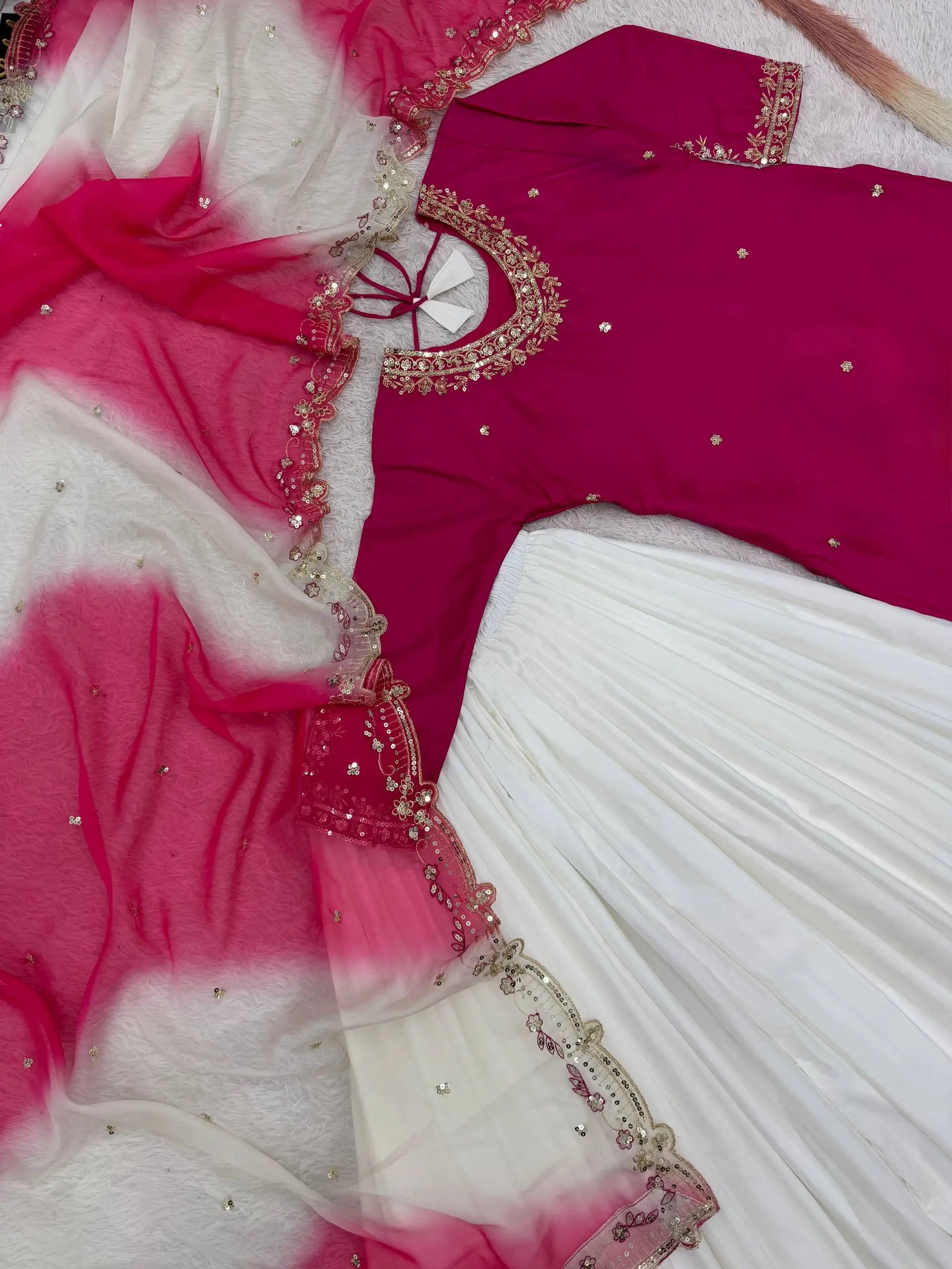 Embroidered French Crepe Top Palazzo Set with Organza Dupatta
