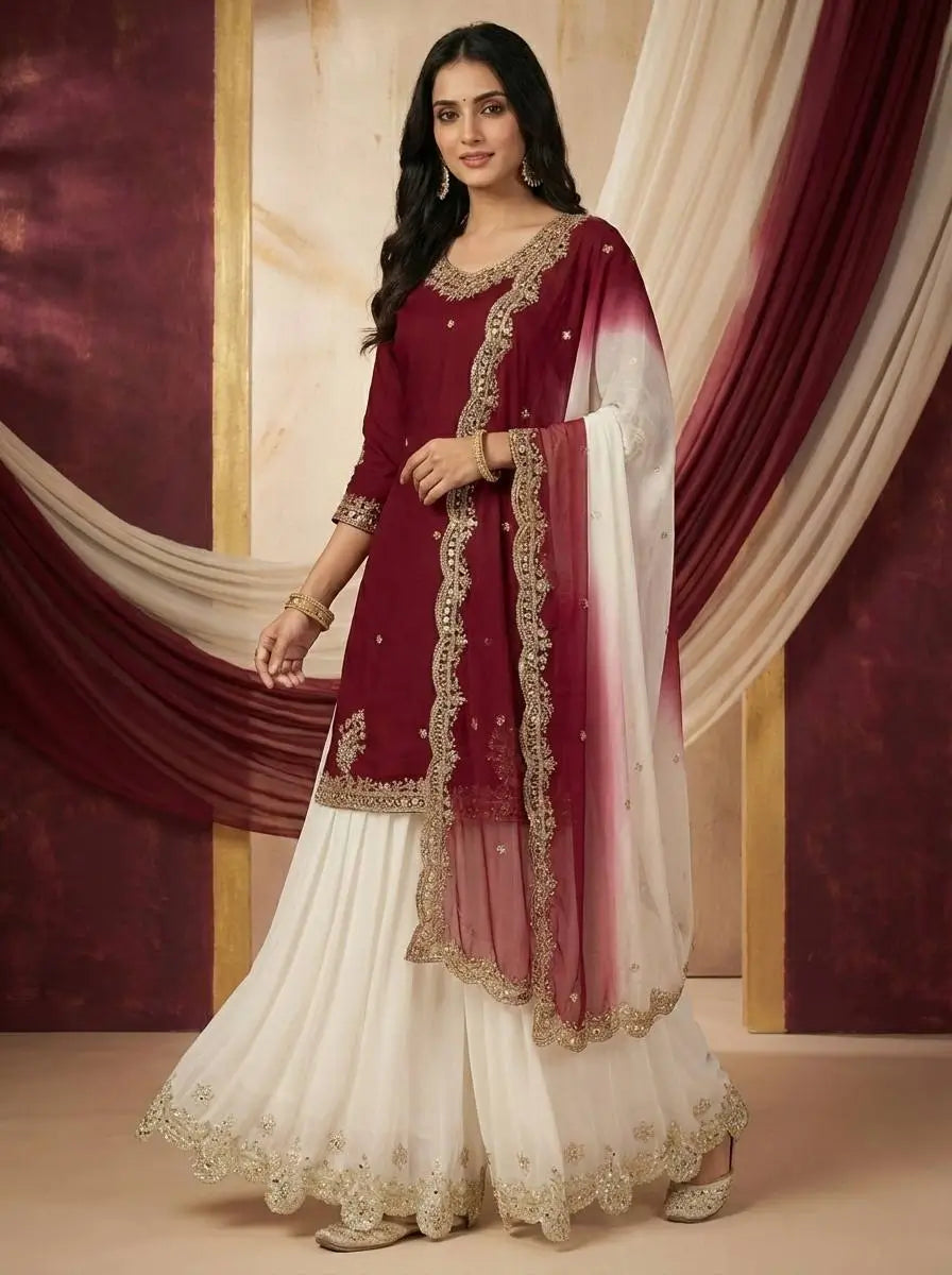 Embroidered French Crepe Top Palazzo Set with Organza Dupatta