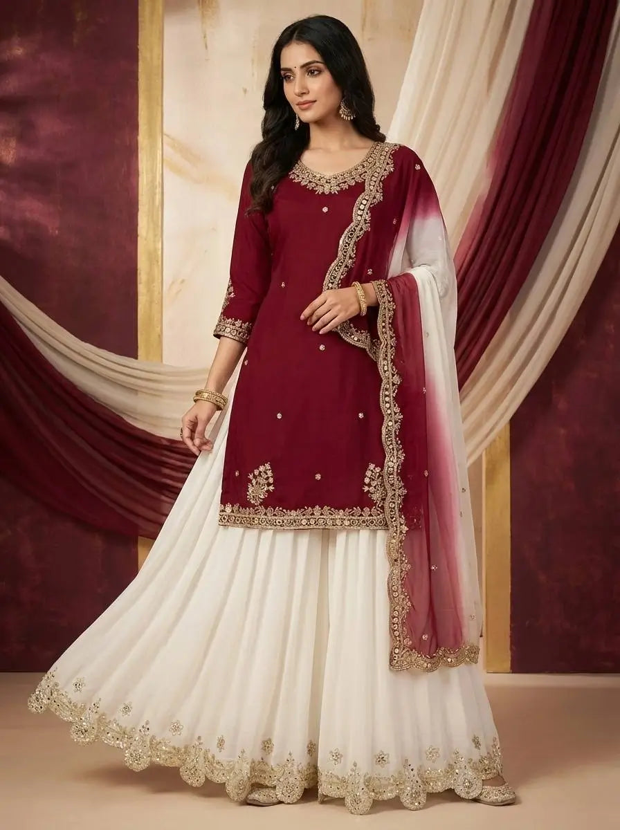 Embroidered French Crepe Top Palazzo Set with Organza Dupatta