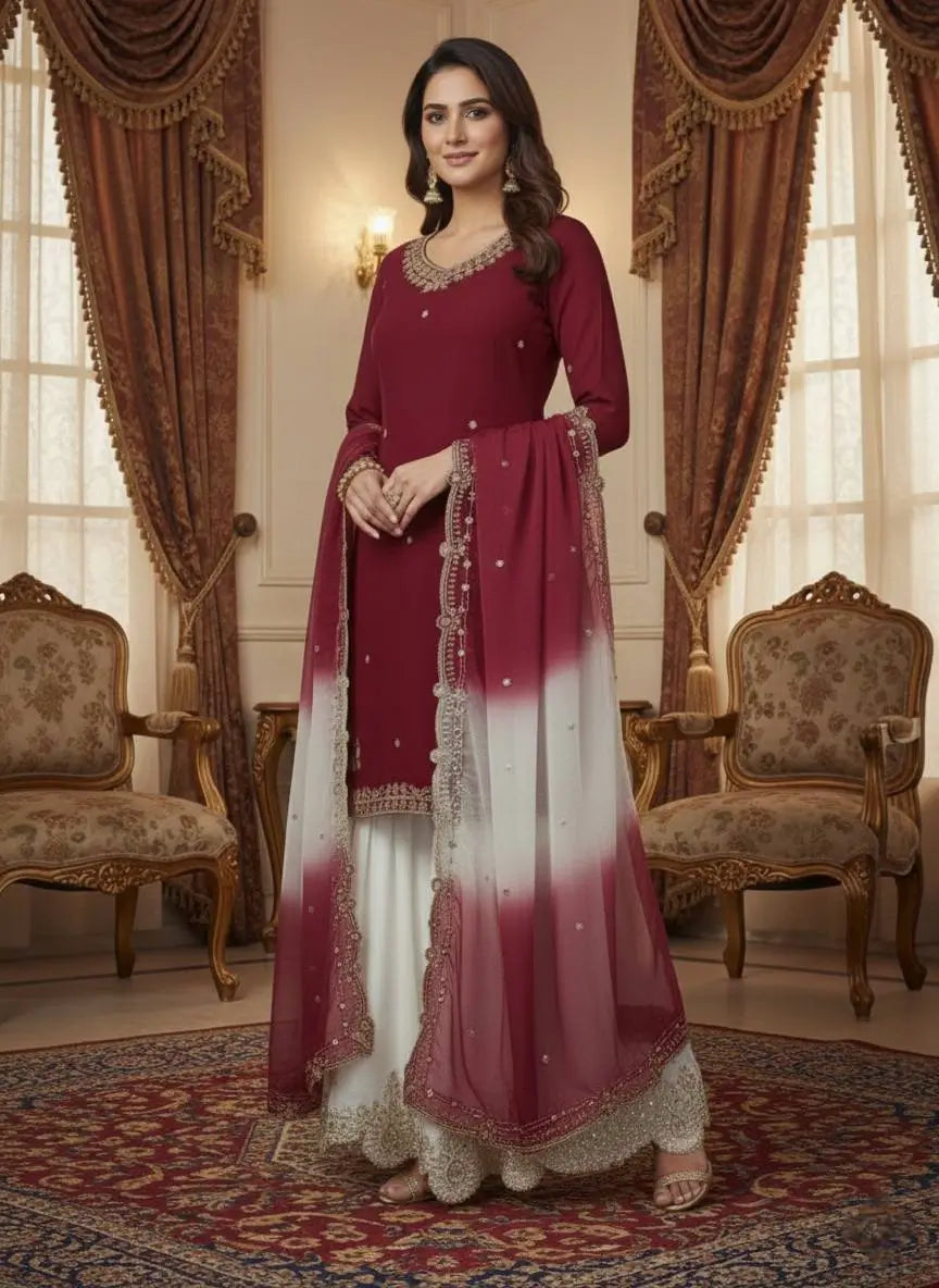 Embroidered French Crepe Top Palazzo Set with Organza Dupatta
