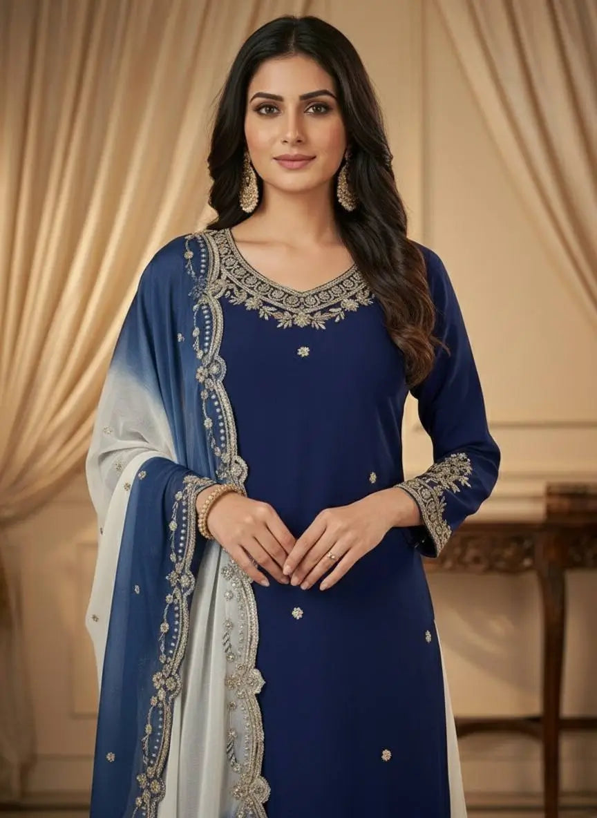 Embroidered French Crepe Top Palazzo Set with Organza Dupatta