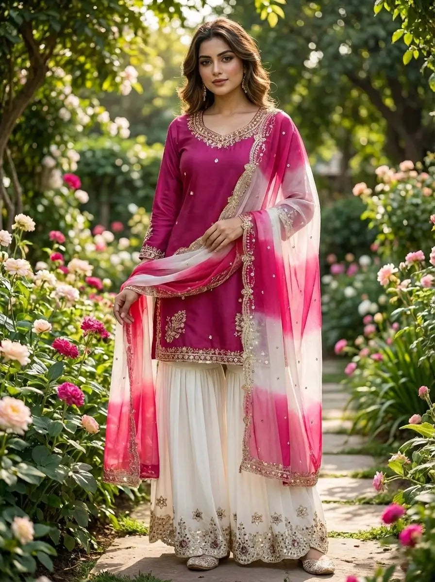 Embroidered French Crepe Top Palazzo Set with Organza Dupatta