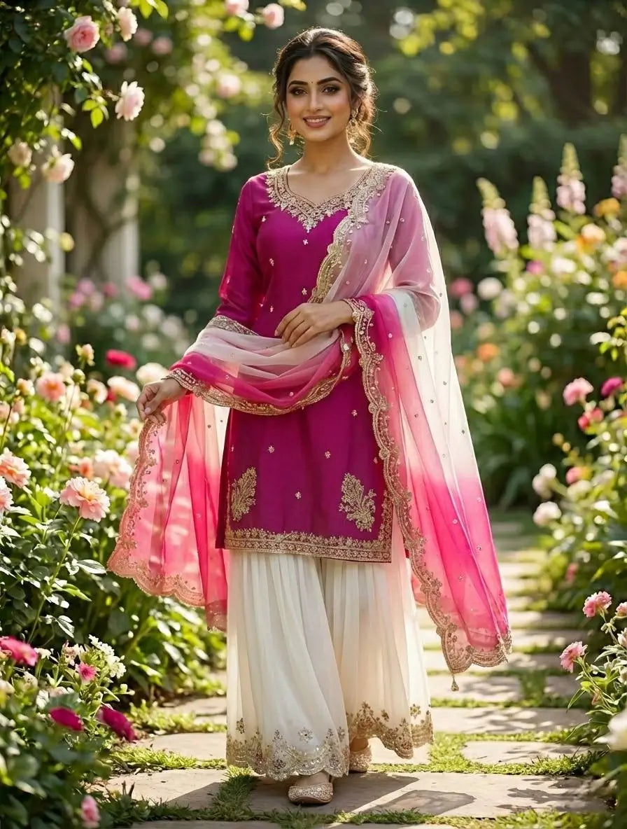 Embroidered French Crepe Top Palazzo Set with Organza Dupatta