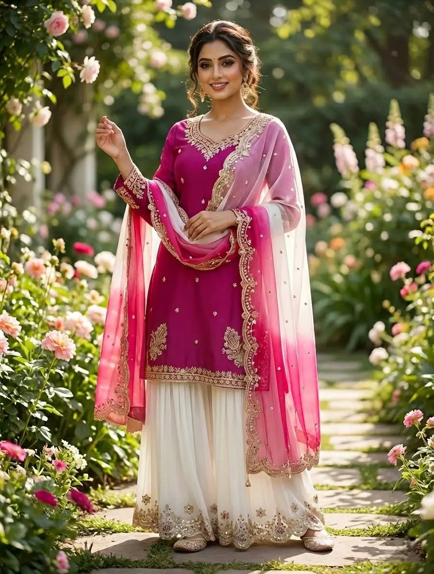 Embroidered French Crepe Top Palazzo Set with Organza Dupatta