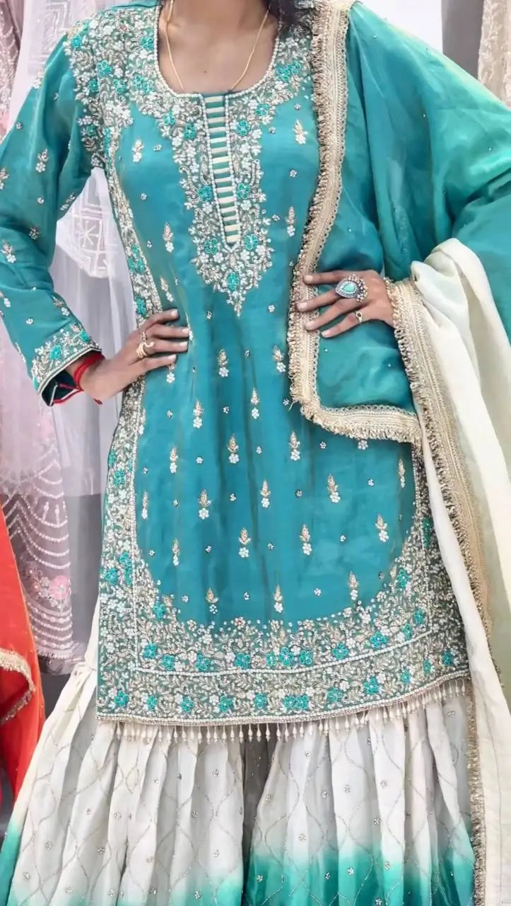 Embroidered GMY Silk Kurta Palazzo Set with Dupatta
