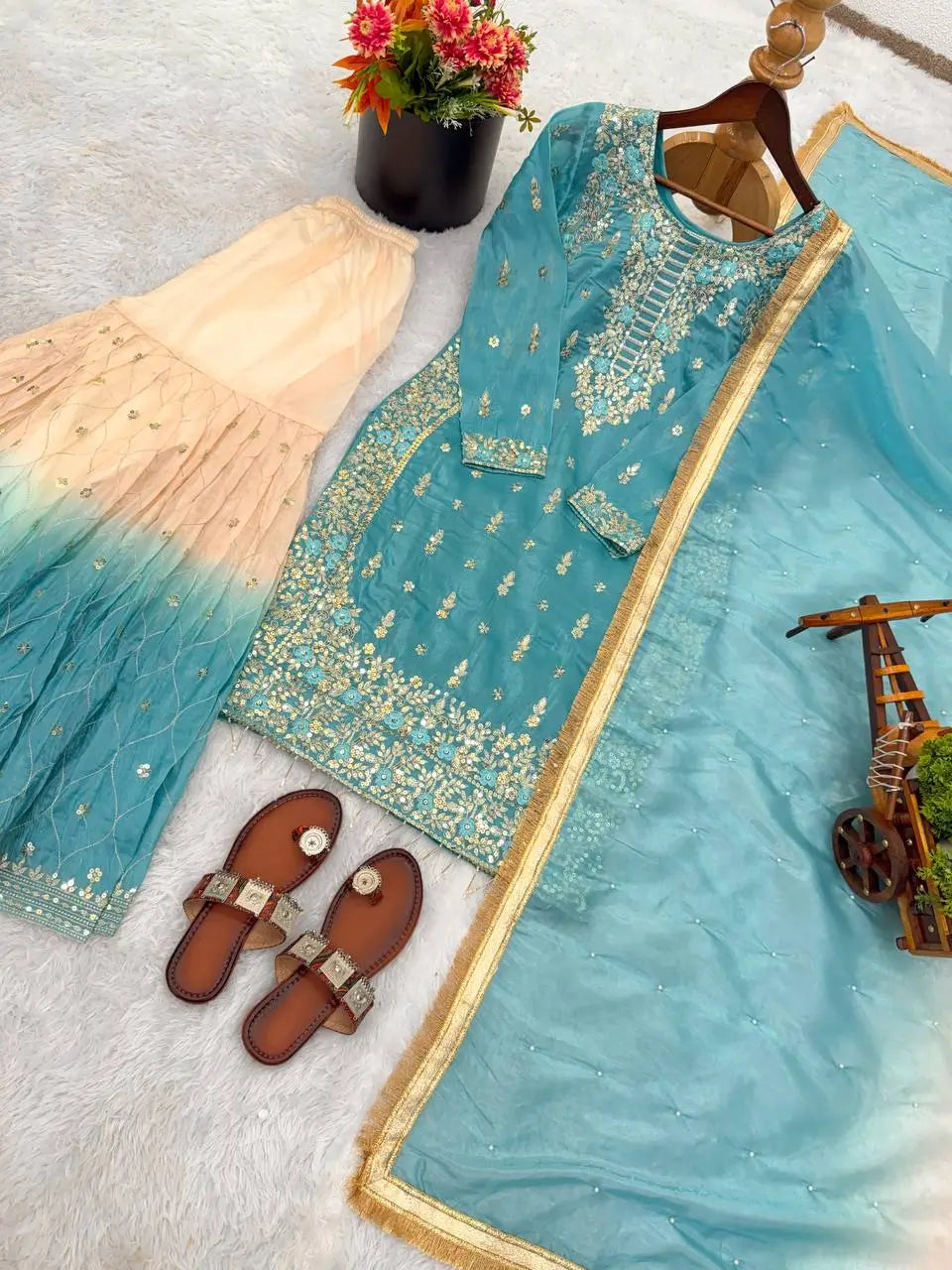 Embroidered GMY Silk Kurta Palazzo Set with Dupatta