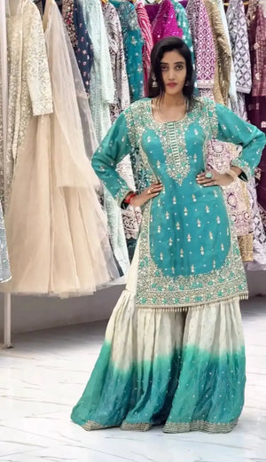 Embroidered GMY Silk Kurta Palazzo Set with Dupatta