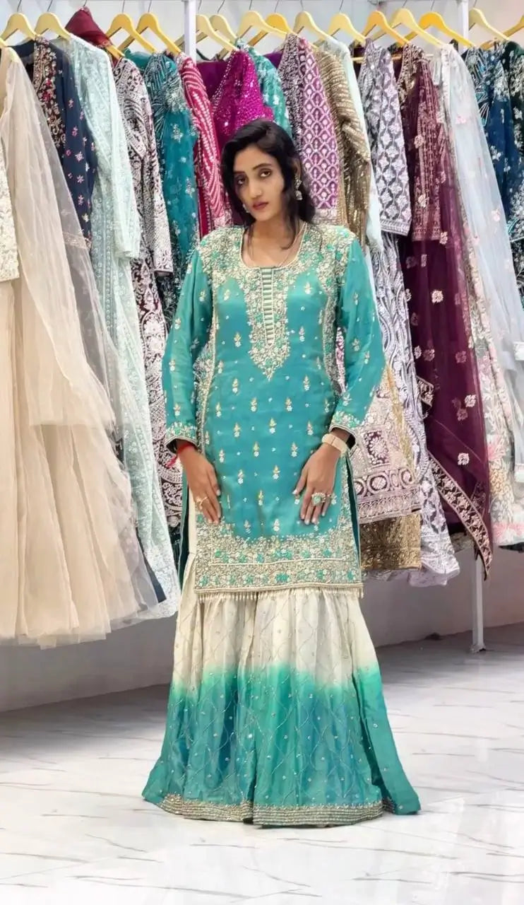 Embroidered GMY Silk Kurta Palazzo Set with Dupatta