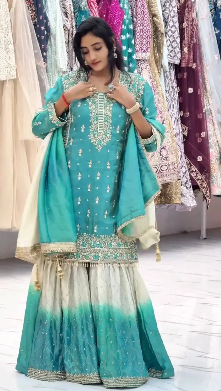 Embroidered GMY Silk Kurta Palazzo Set with Dupatta