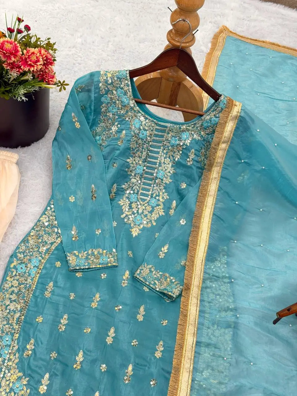 Embroidered GMY Silk Kurta Palazzo Set with Dupatta