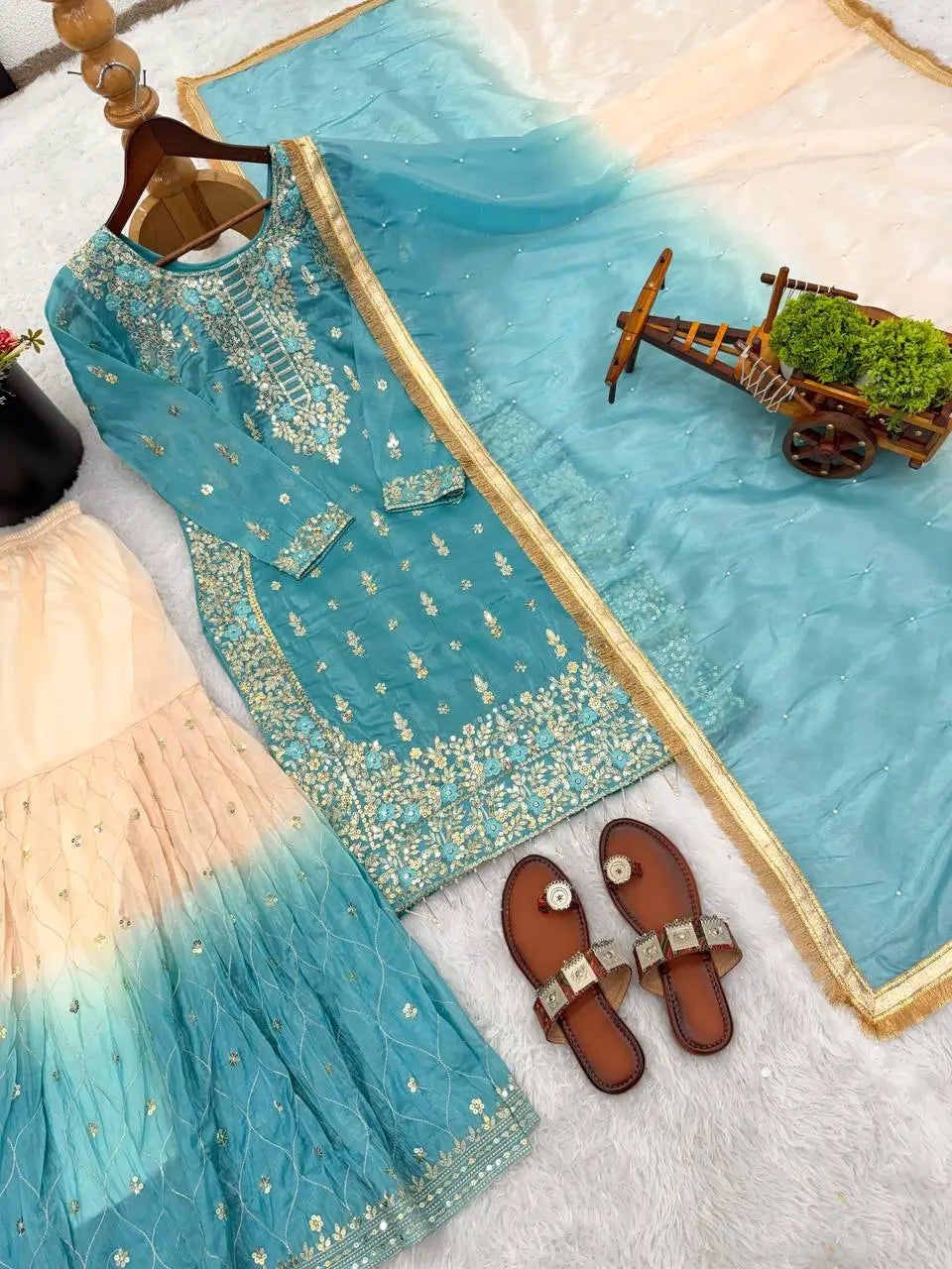 Embroidered GMY Silk Kurta Palazzo Set with Dupatta