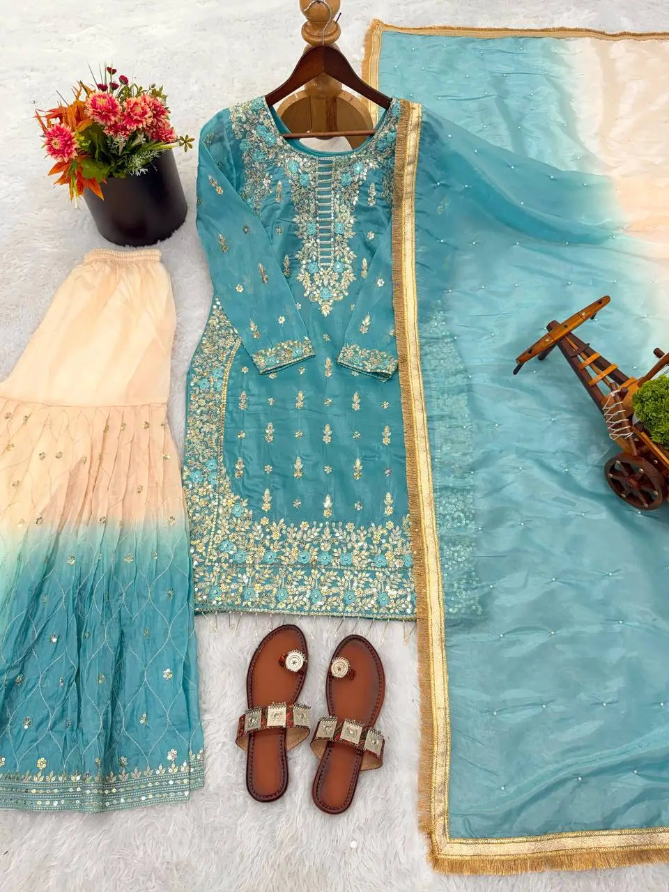 Embroidered GMY Silk Kurta Palazzo Set with Dupatta