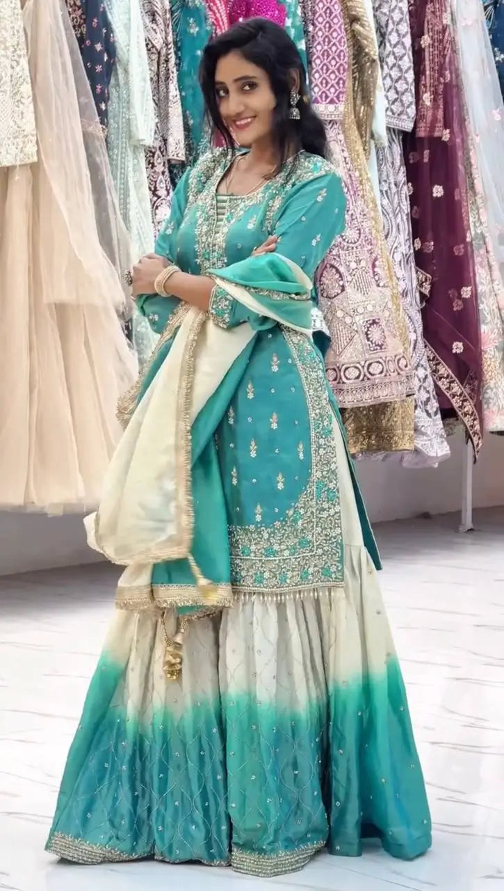 Embroidered GMY Silk Kurta Palazzo Set with Dupatta