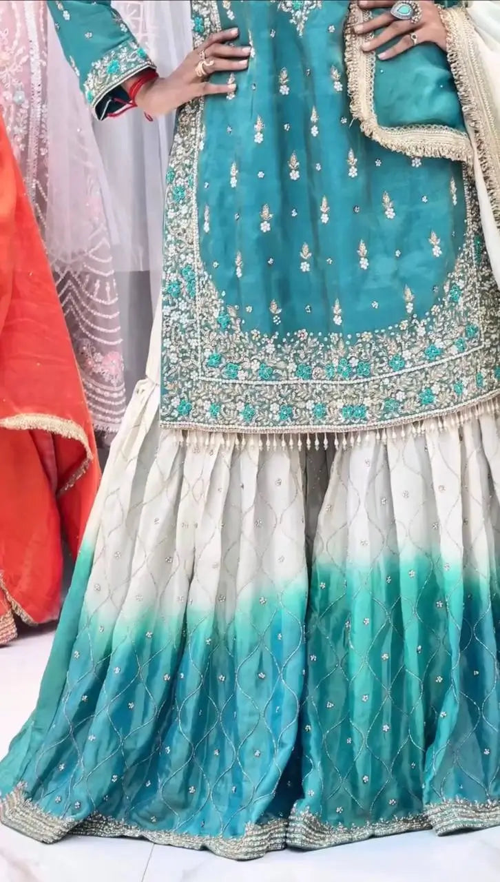 Embroidered GMY Silk Kurta Palazzo Set with Dupatta