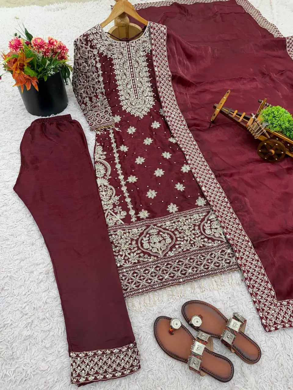 Embroidered GMY Silk Kurta Pant Set with Dupatta